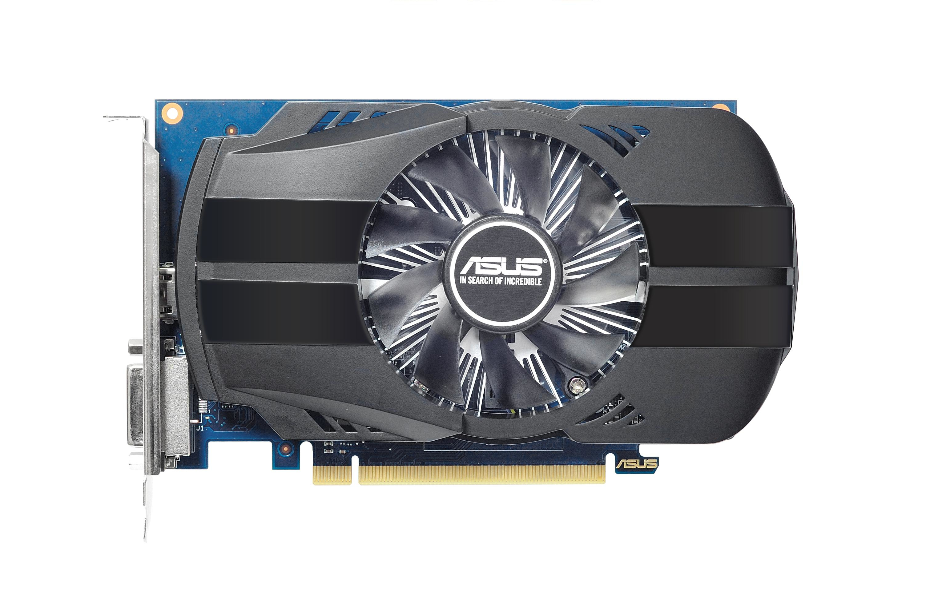 Una scheda grafica ASUS nera e blu con una singola ventola. Sfondo bianco.