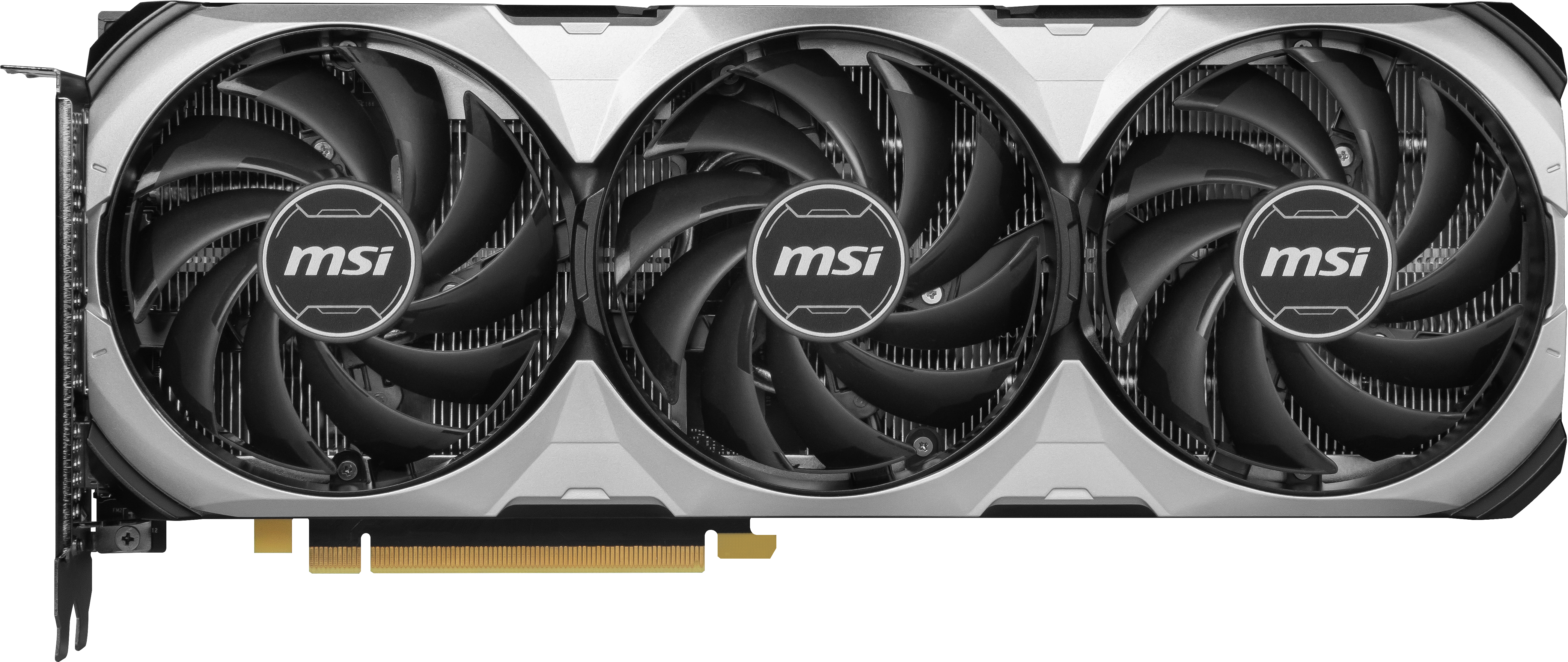 MSI Grafikkarte mit drei Lüftern. Sie hat ein schwarz-silbernes Design.