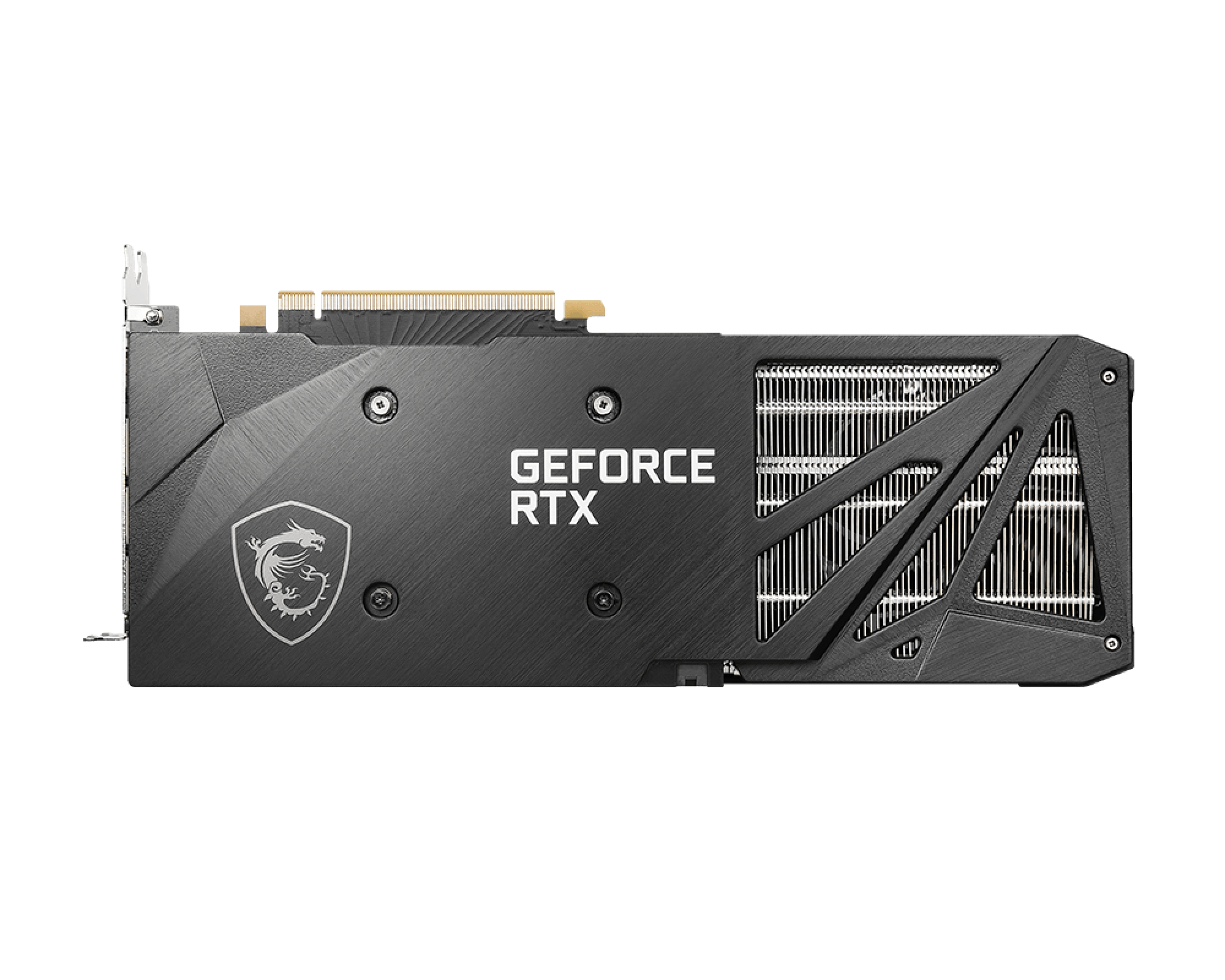 Scheda grafica GeForce RTX nera. Isolato su sfondo bianco.