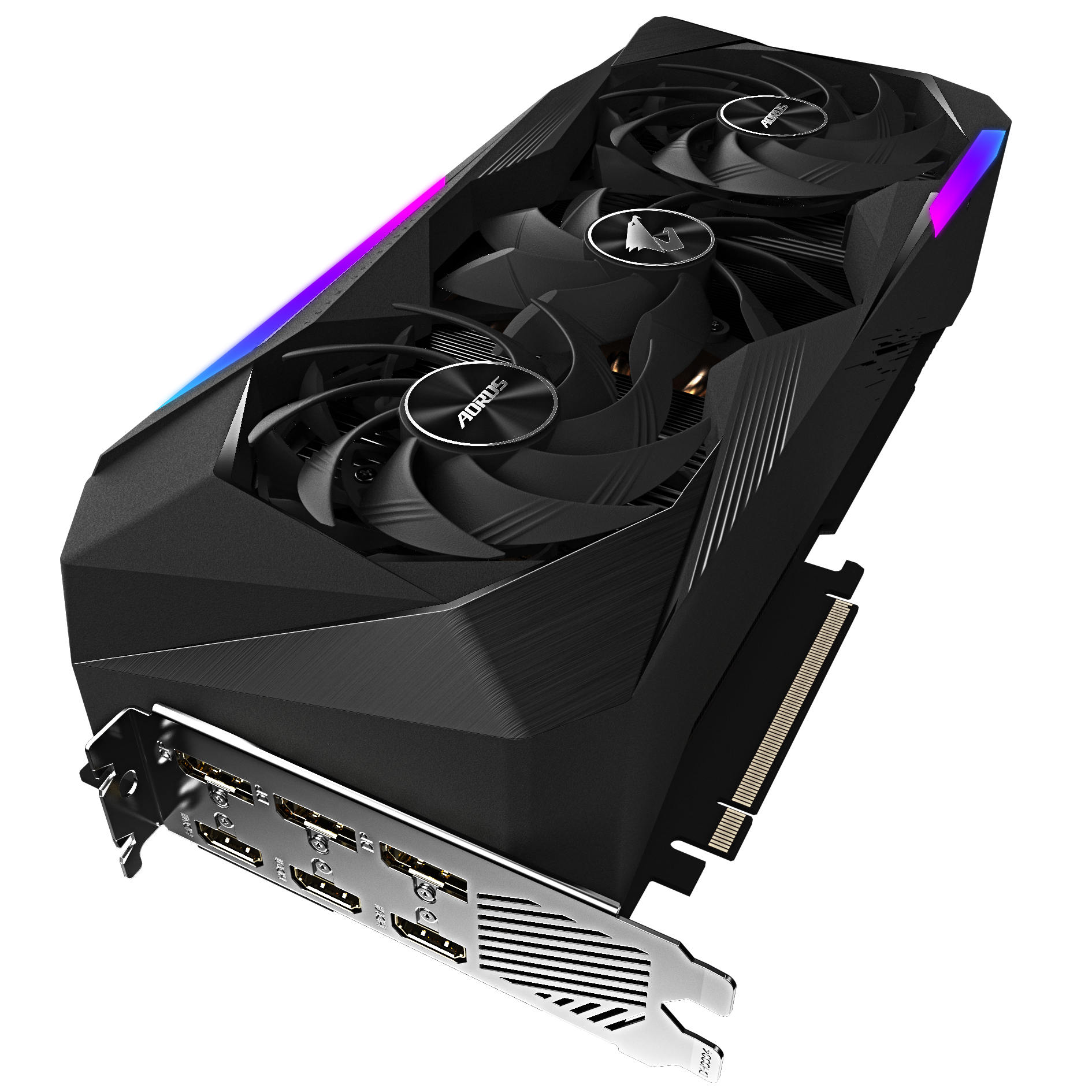Schwarze AORUS Grafikkarte mit drei Lüftern und RGB-Beleuchtung, schräge Ansicht.