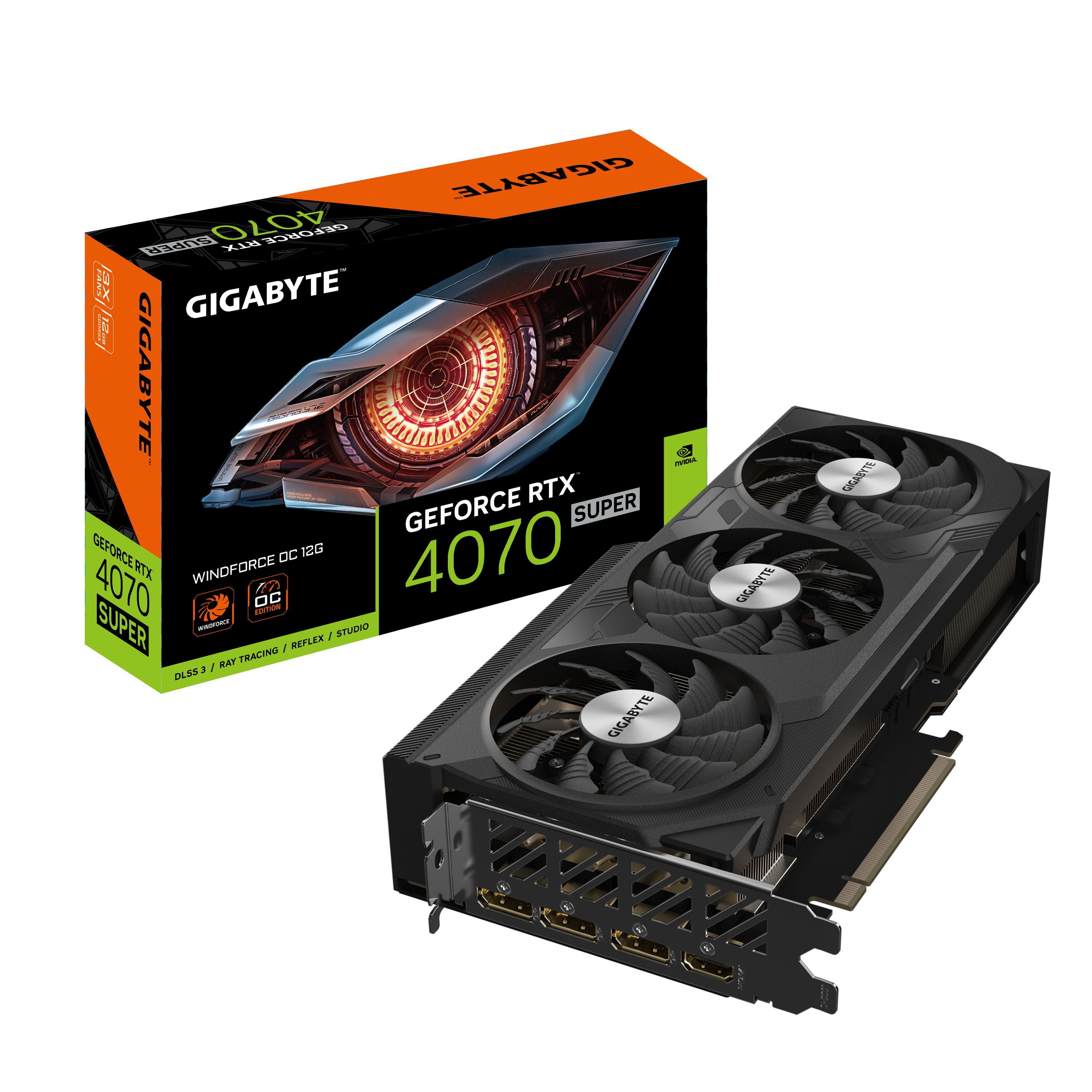 Scheda grafica con scatola. Scatola e scheda con GIGABYTE, GEFORCE RTX 4070 SUPER.