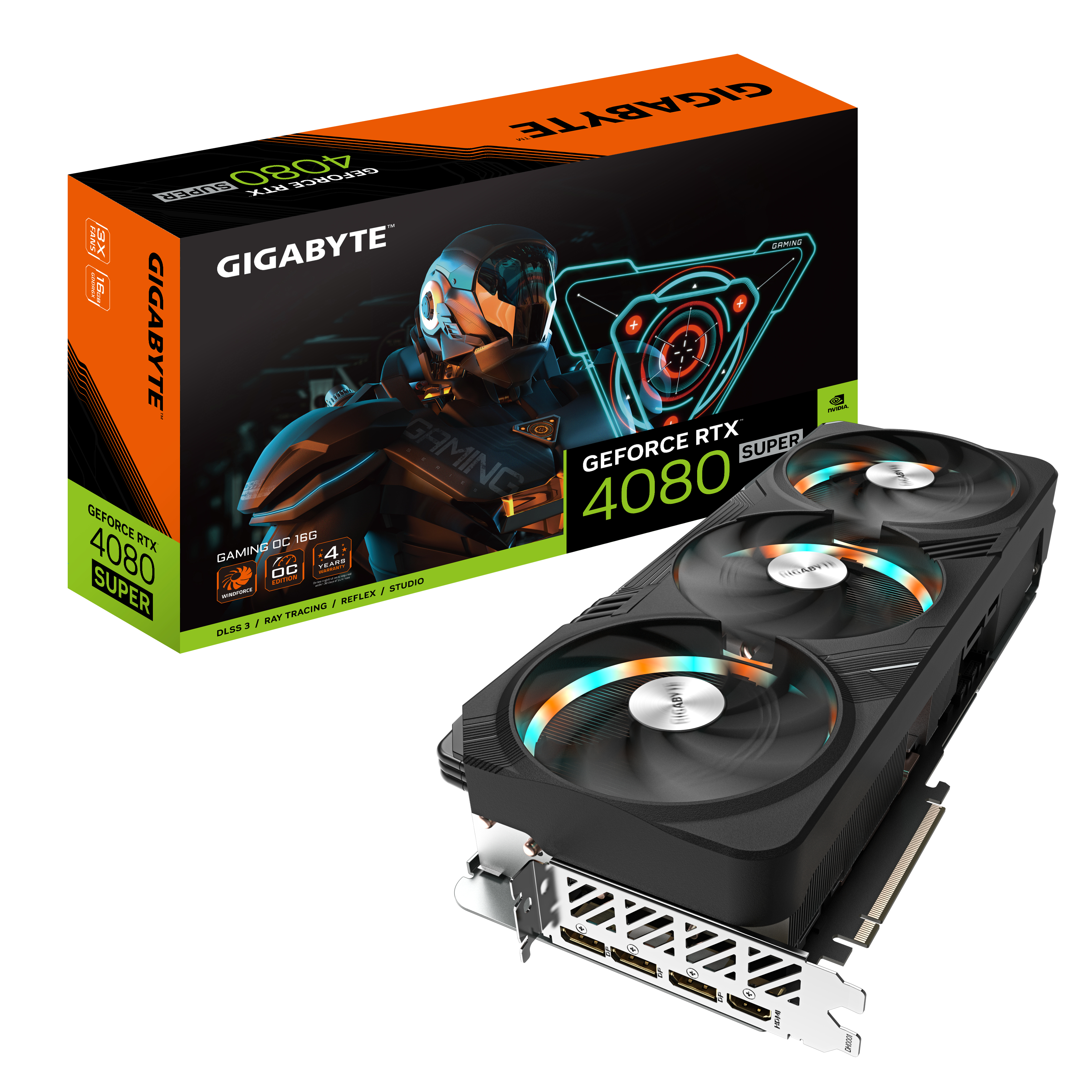 Schwarz-oranger Gigabyte GeForce RTX 4080 Super Grafikkartenkarton und -karte. Weißer Hintergrund.
