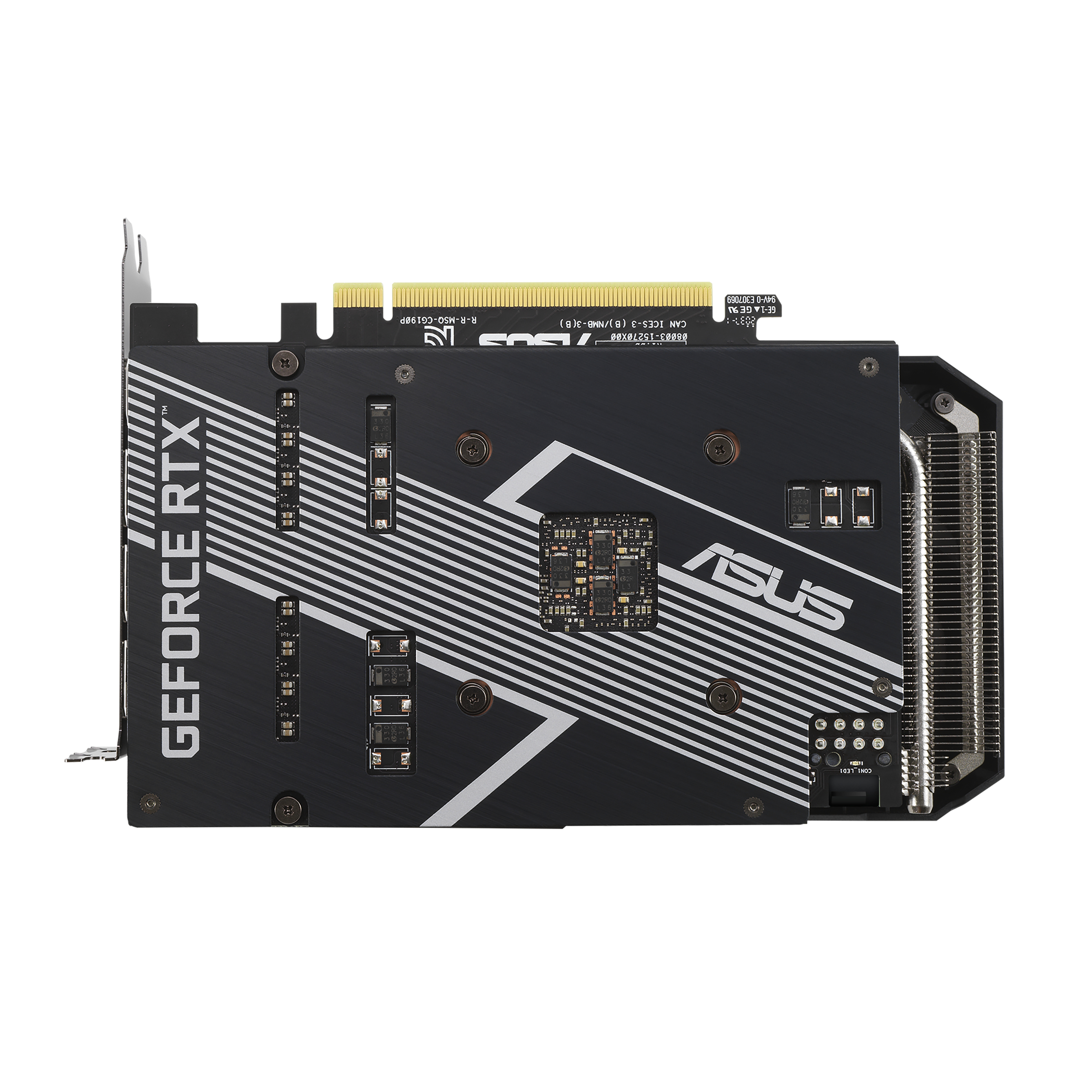 Die Rückseite einer schwarzen Asus GeForce RTX Grafikkarte.