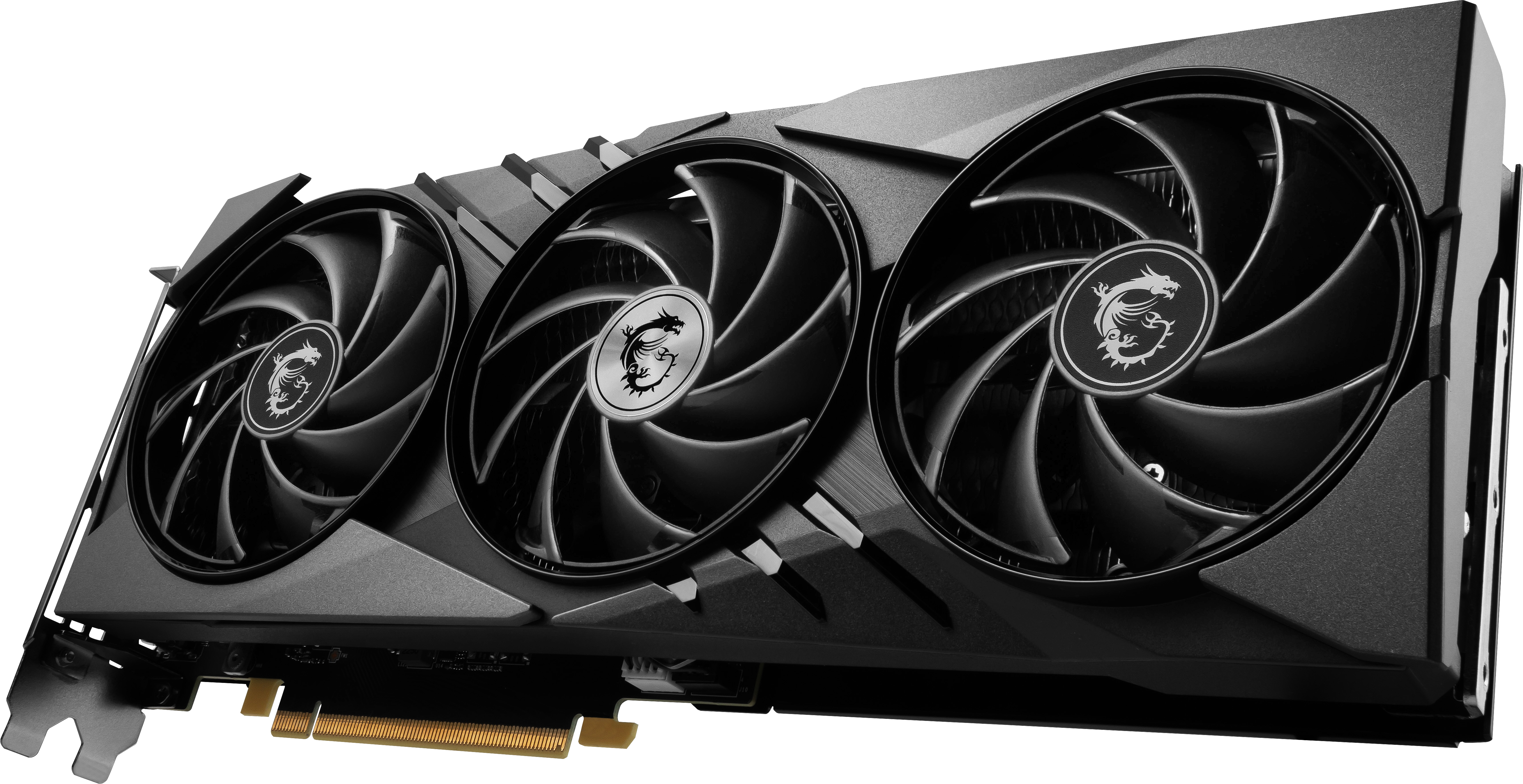 Una scheda grafica MSI nera con tre ventole. Le ventole hanno il logo MSI.