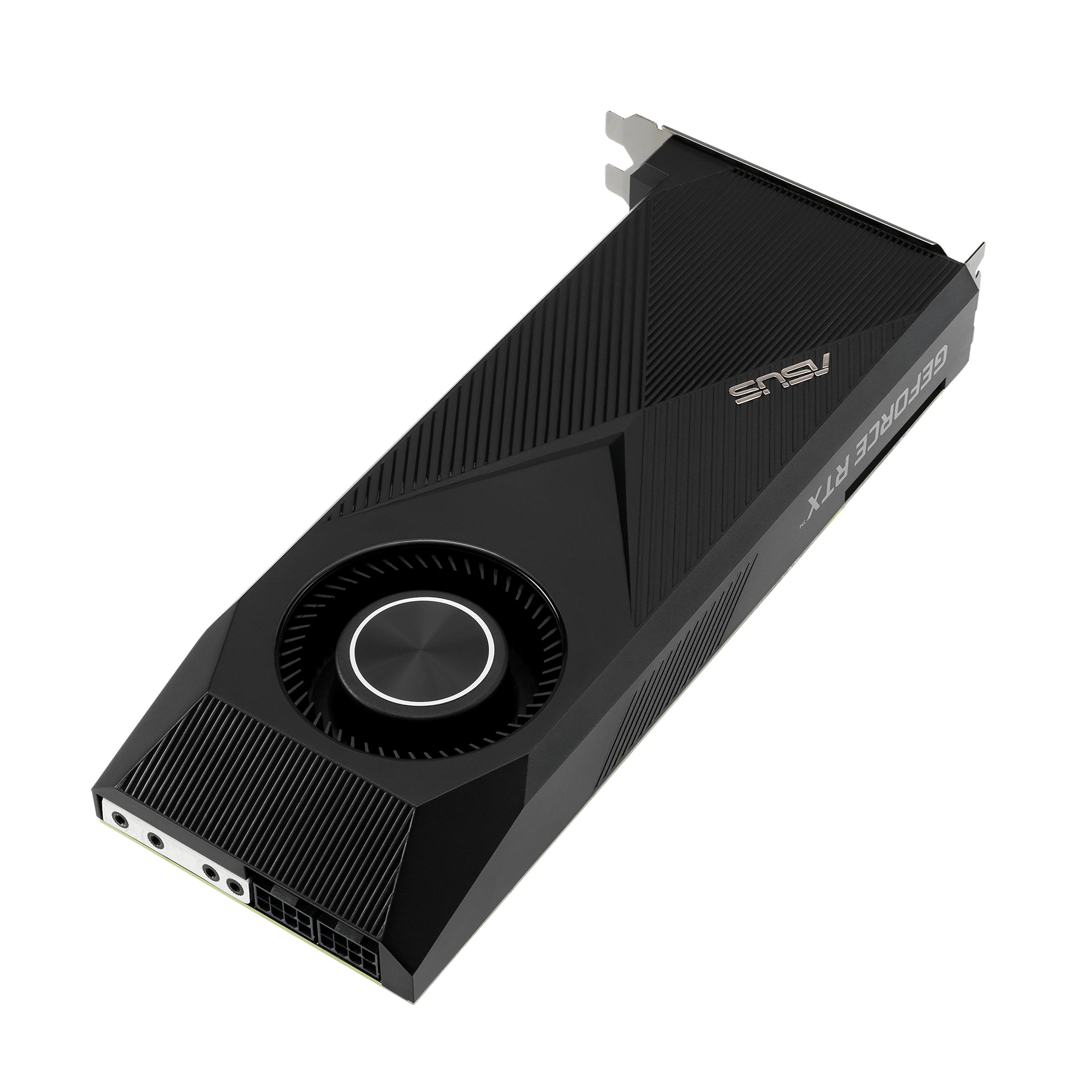 Scheda grafica nera con logo ASUS. Ha una ventola circolare al centro.