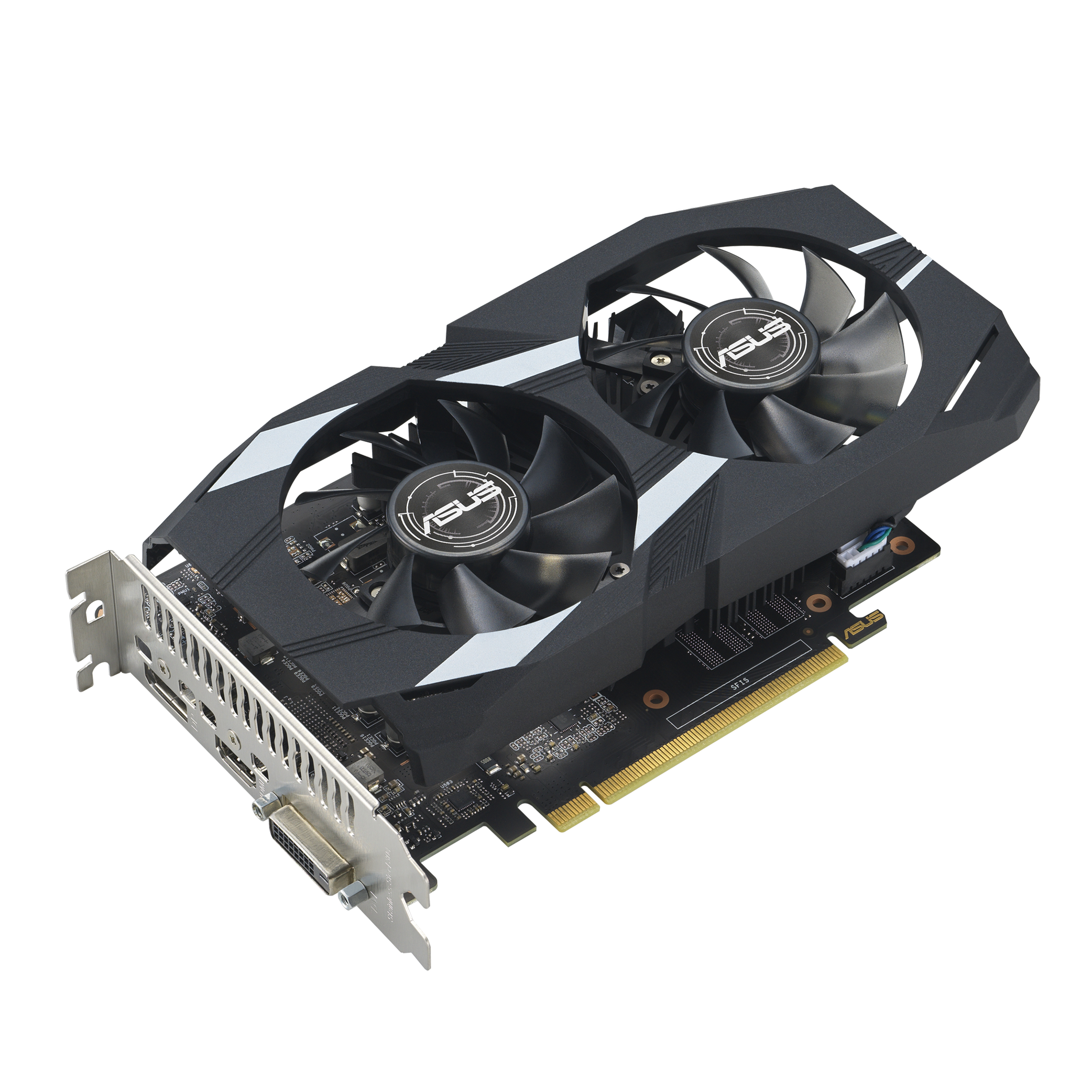 Una scheda grafica bianca e nera con due ventole. Il logo ASUS è visibile.