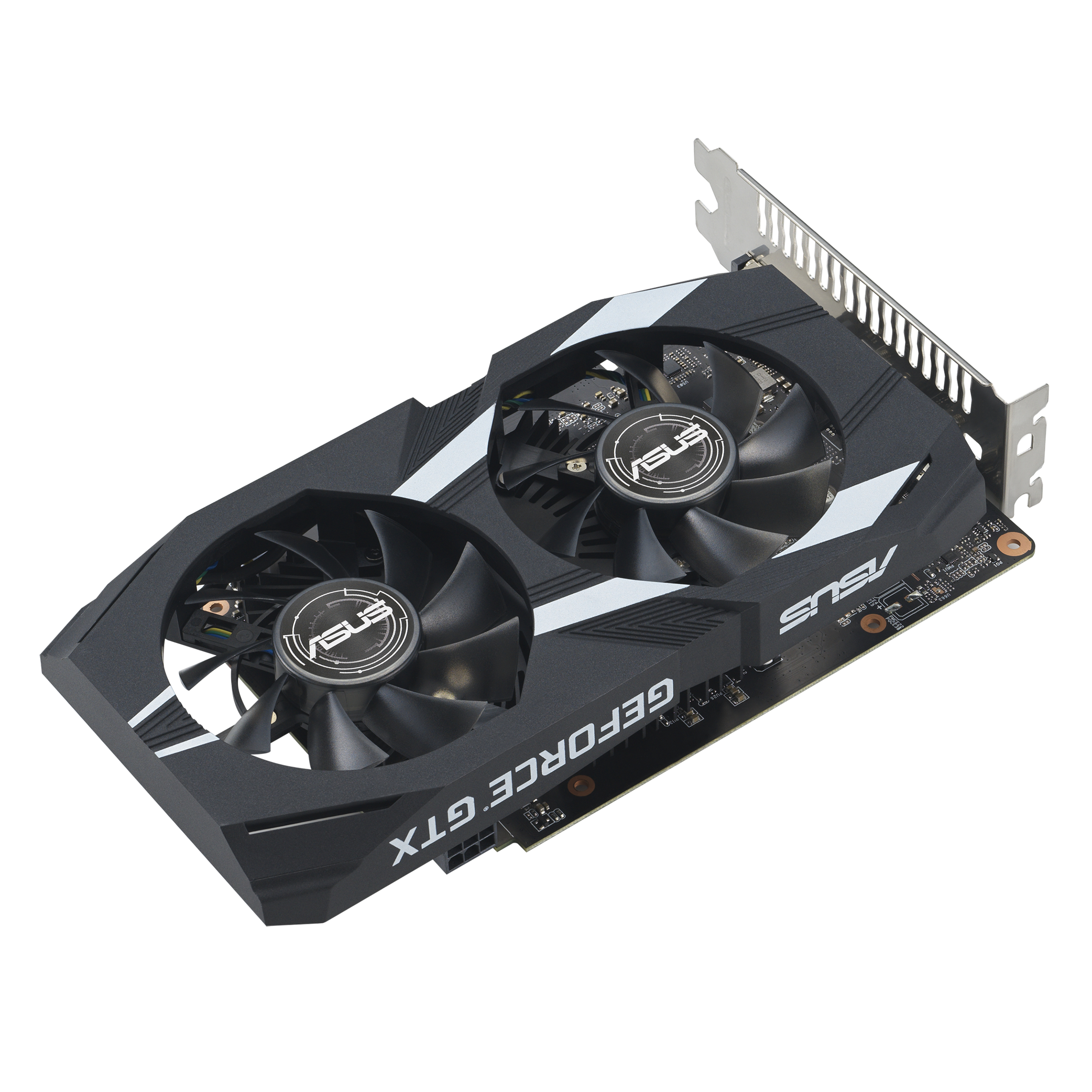 Una scheda grafica nera con due ventole e le parole 'GEFORCE GTX'.