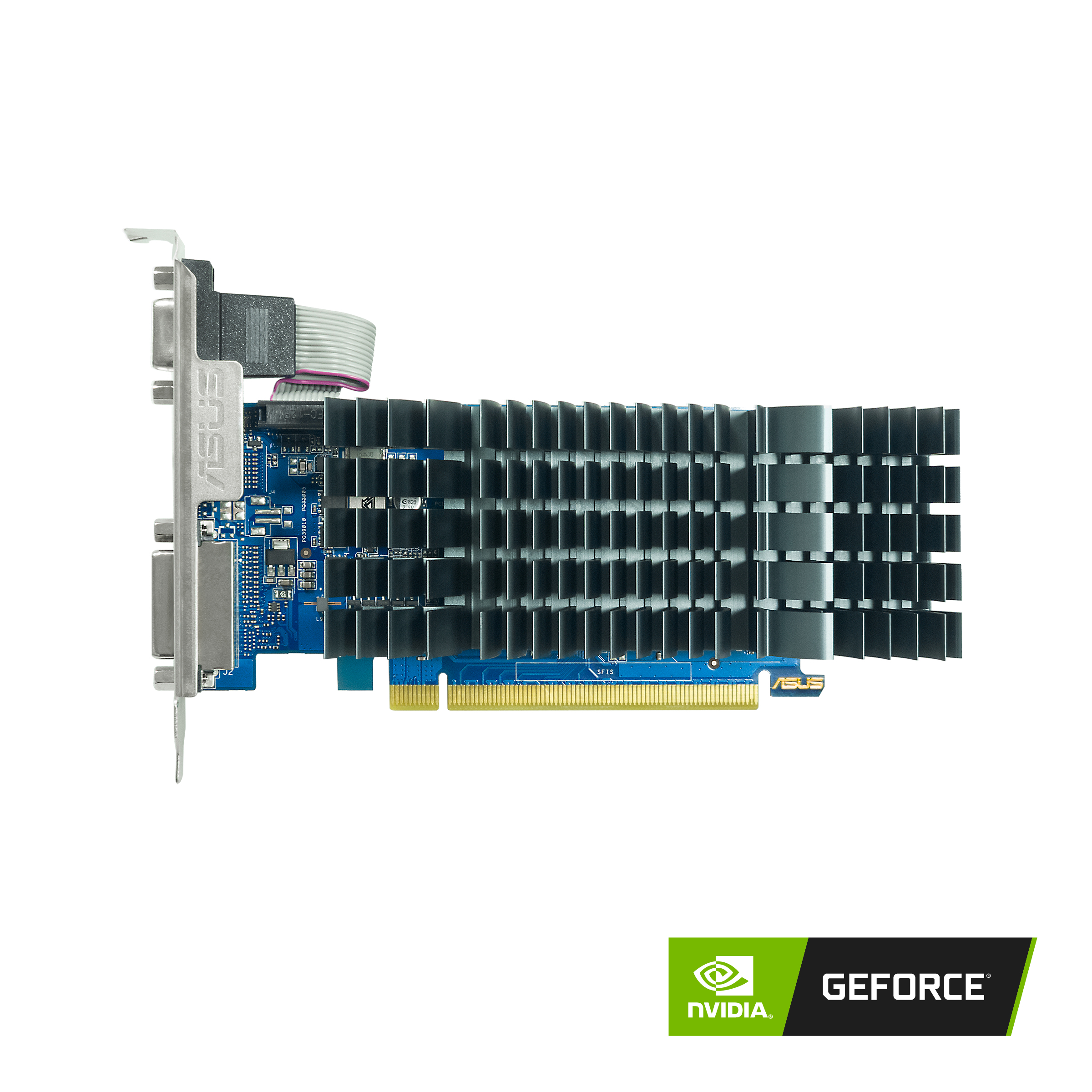 ASUS grafik kartı. Mavi bir devre kartına ve gümüş renkli soğutuculara sahip.