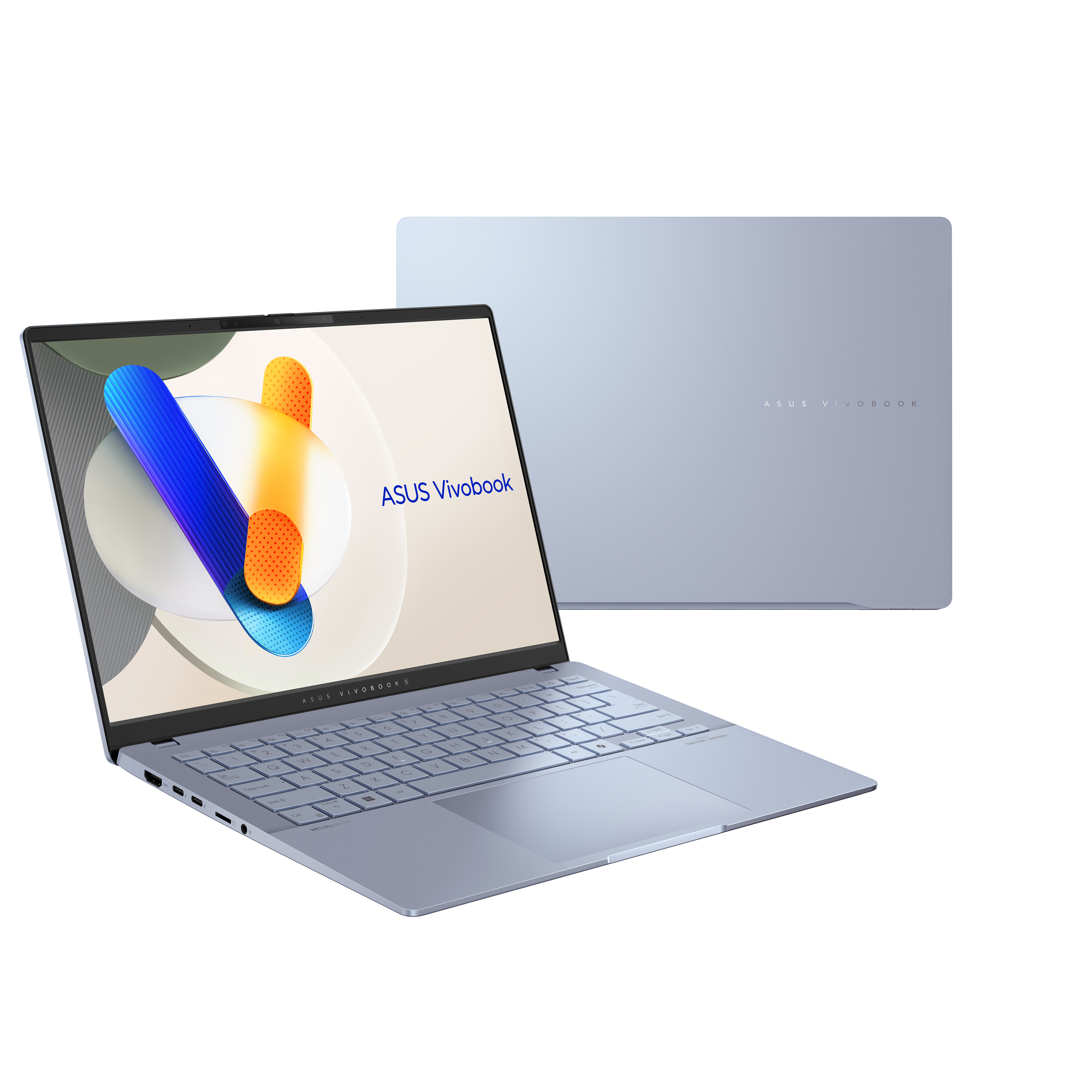 Niebieski laptop otwarty, z logo ASUS Vivobook na ekranie. Drugi laptop z tyłu. Białe tło.