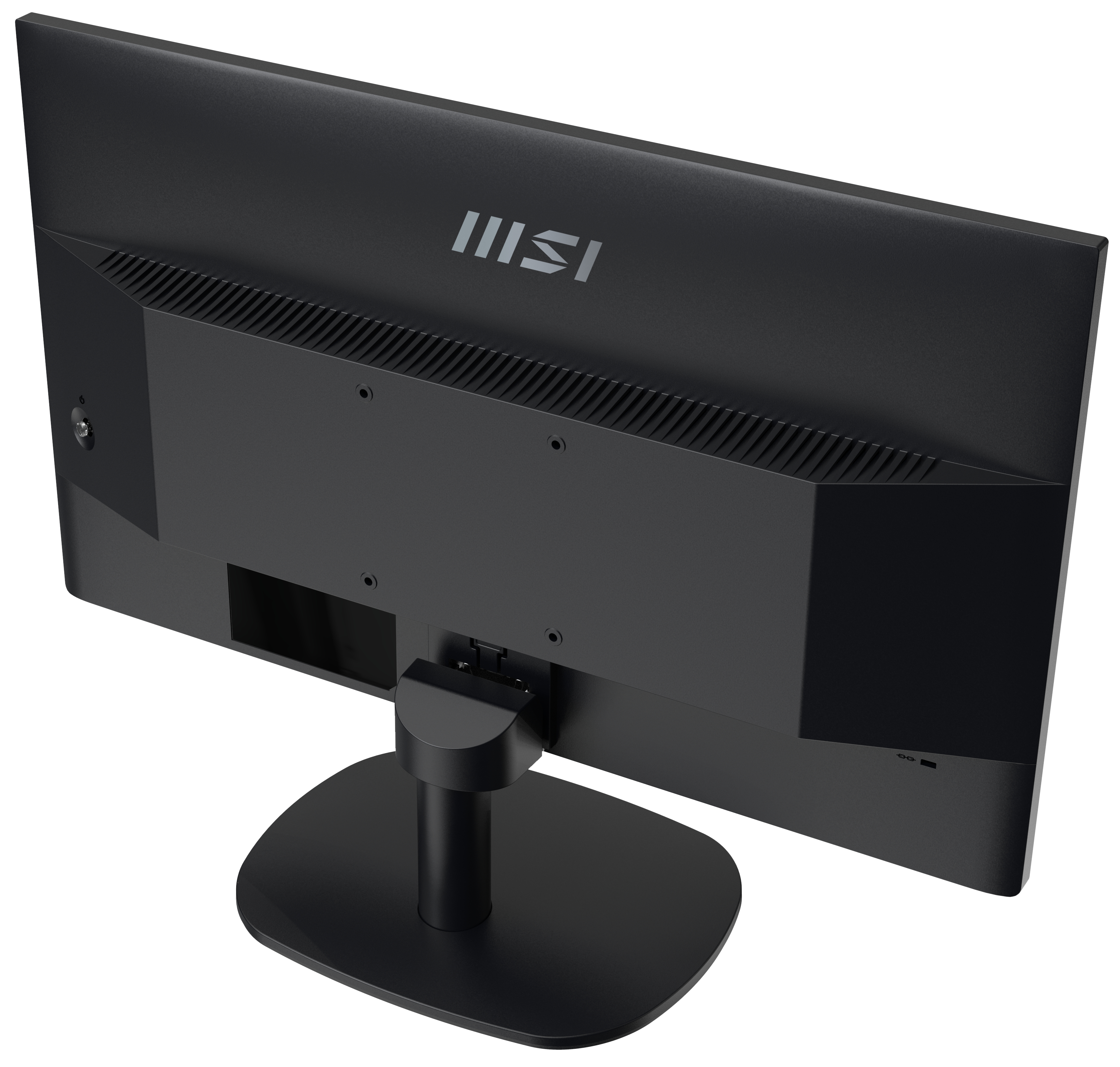 Retro del monitor MSI, nero, con porte e supporto.