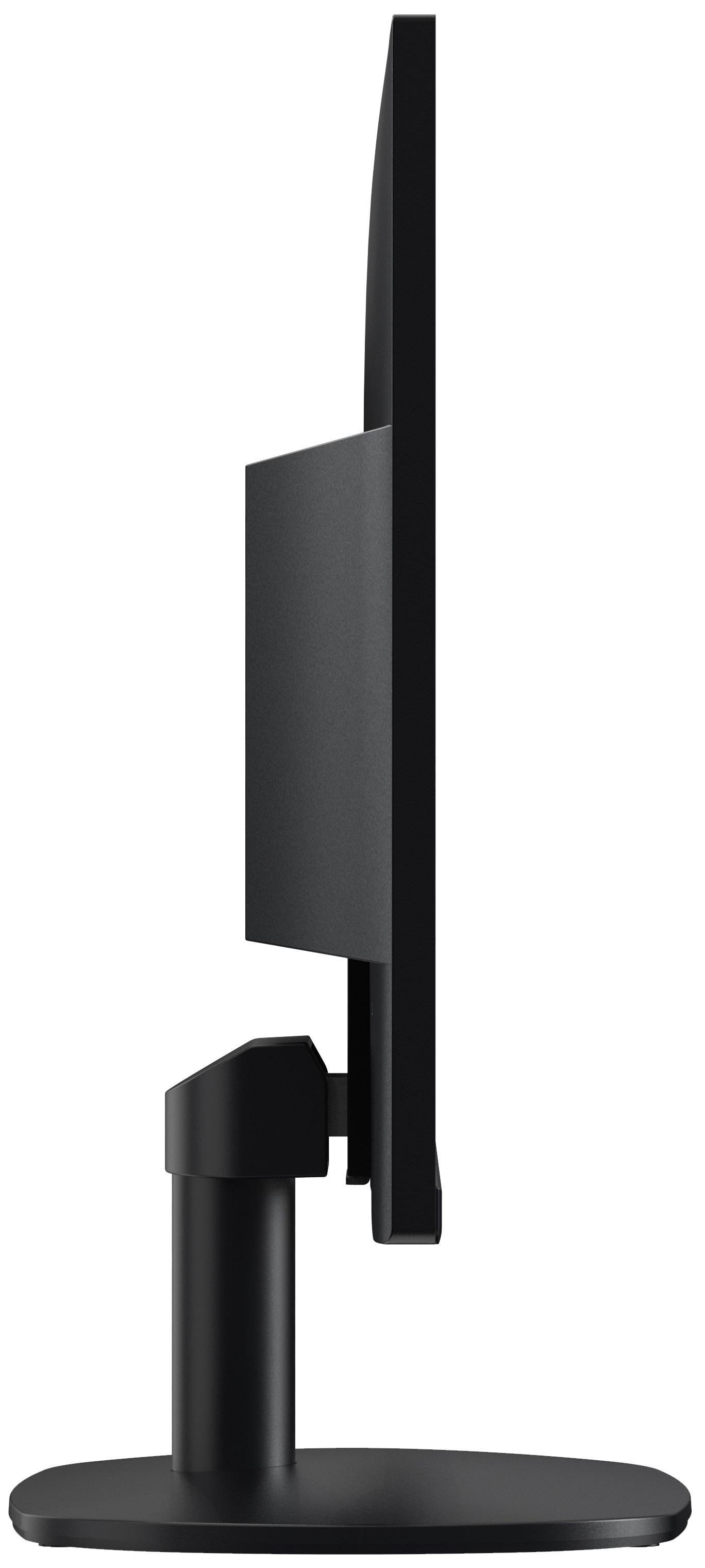 Vista laterale di un monitor nero con supporto. Design sottile, cornice nera.