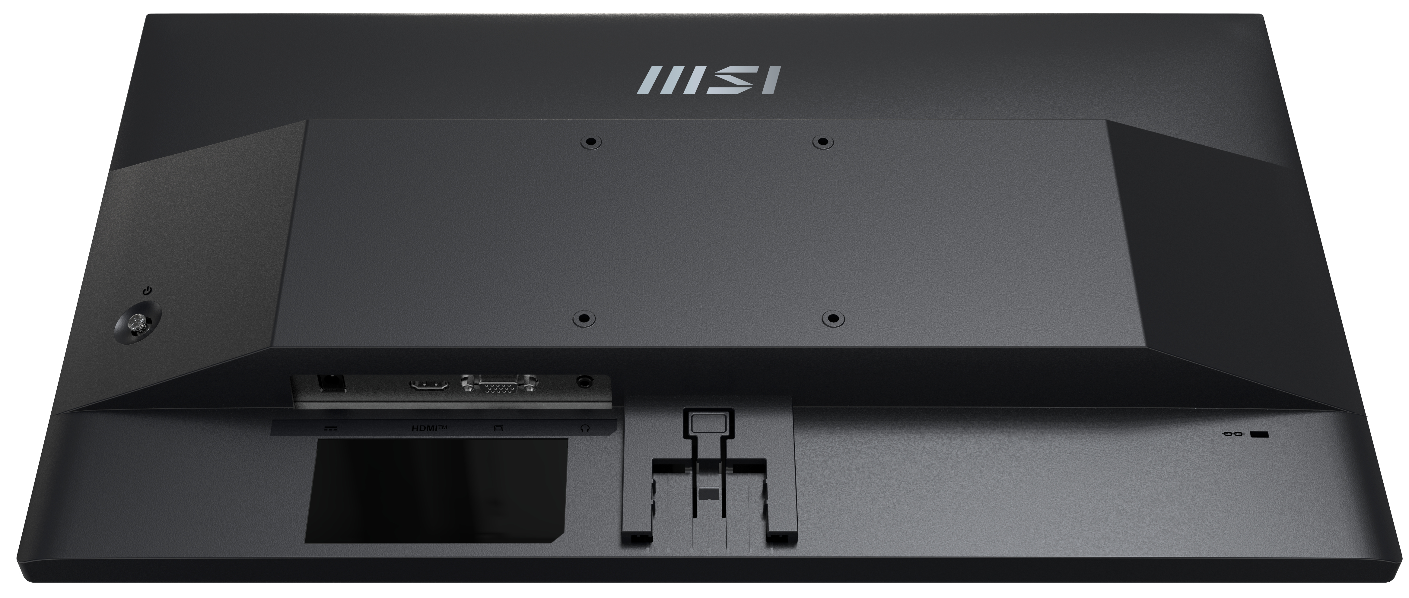 Retro di un monitor MSI. Nero con porte e logo MSI. Il supporto del monitor è mancante.