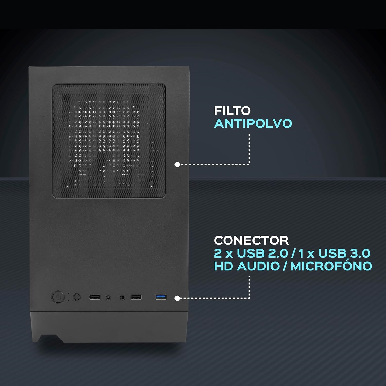 Vista frontal de una caja de PC negra. Tiene un filtro antipolvo y puertos USB.