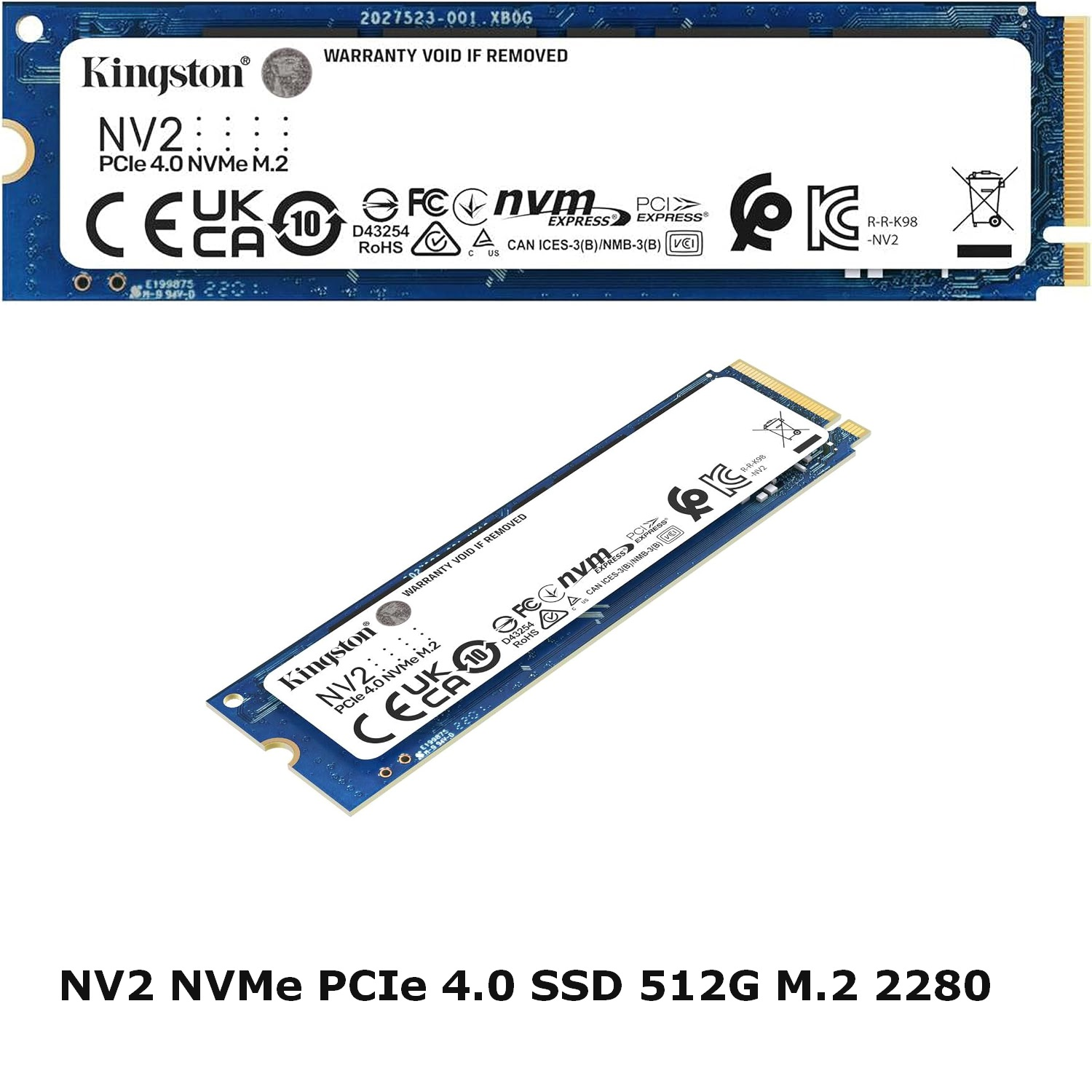 SSD NVMe PCIe 4.0 di Kingston. L'SSD è mostrato con vari loghi e il testo "NV2".