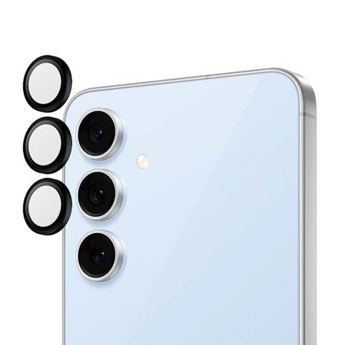 Uno smartphone con tre obiettivi e tre protezioni per lenti.