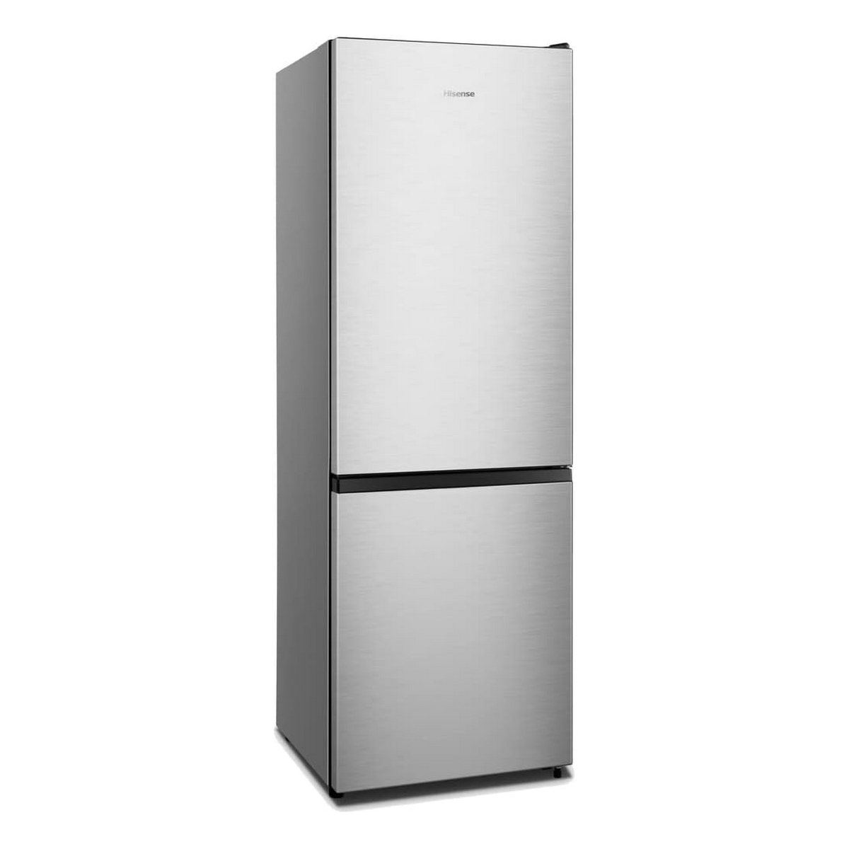 Frigorifero Hisense, finitura in acciaio inossidabile, design a due porte, sfondo bianco.