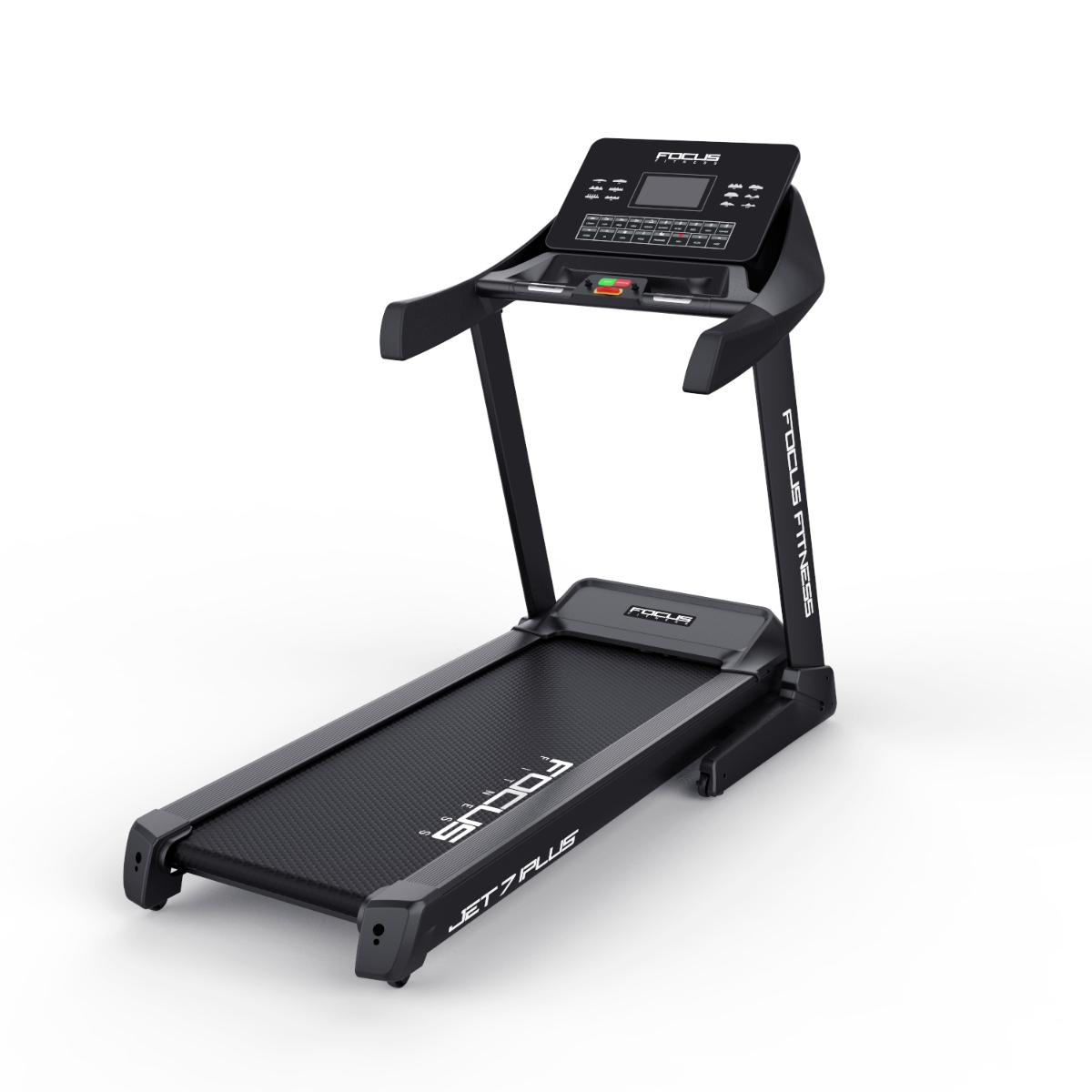 A black treadmill with an angled console and handles, isolated on a white background.