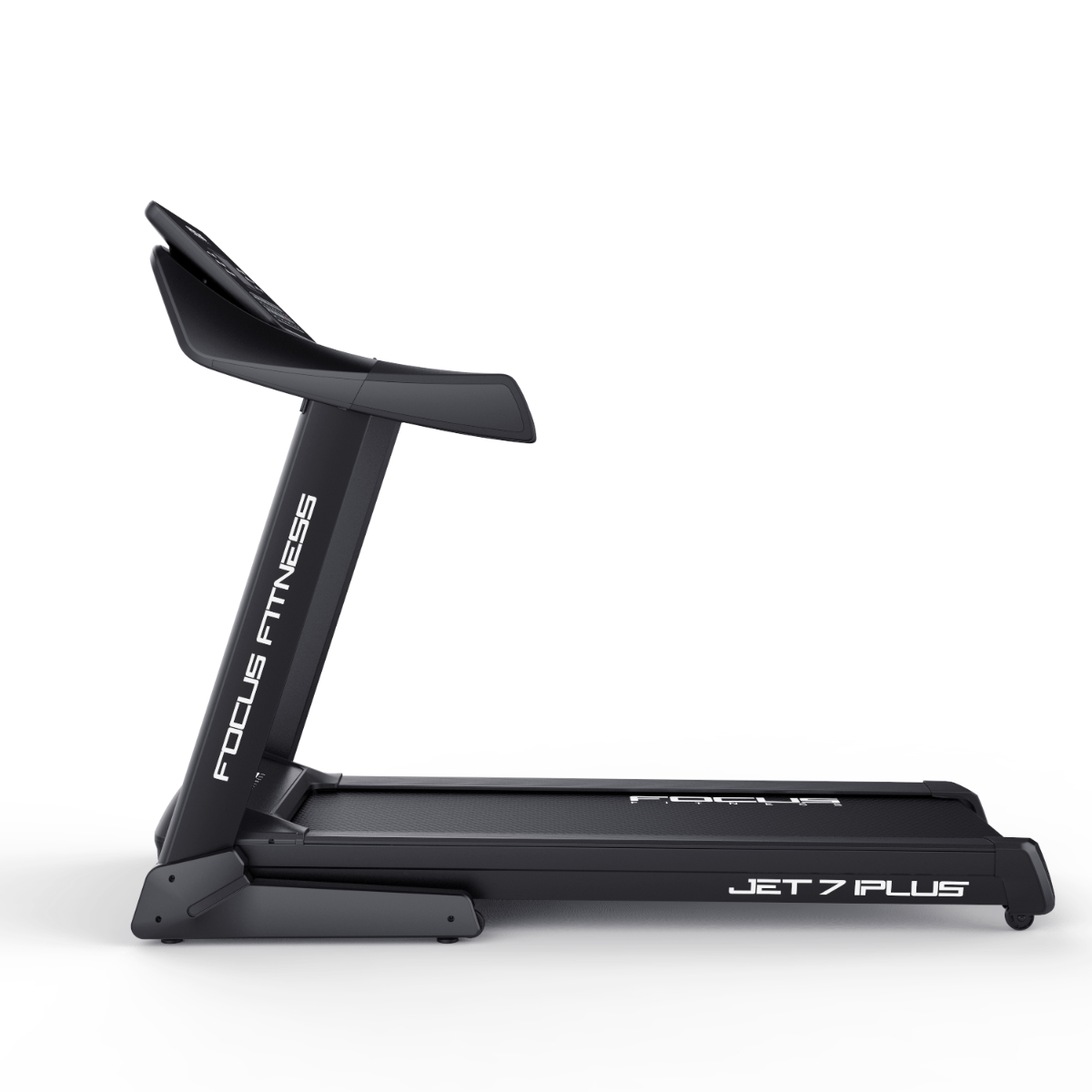Black Focus Fitness treadmill. The text "FOCUS FITNESS" and "JET 7 PLUS" is visible.