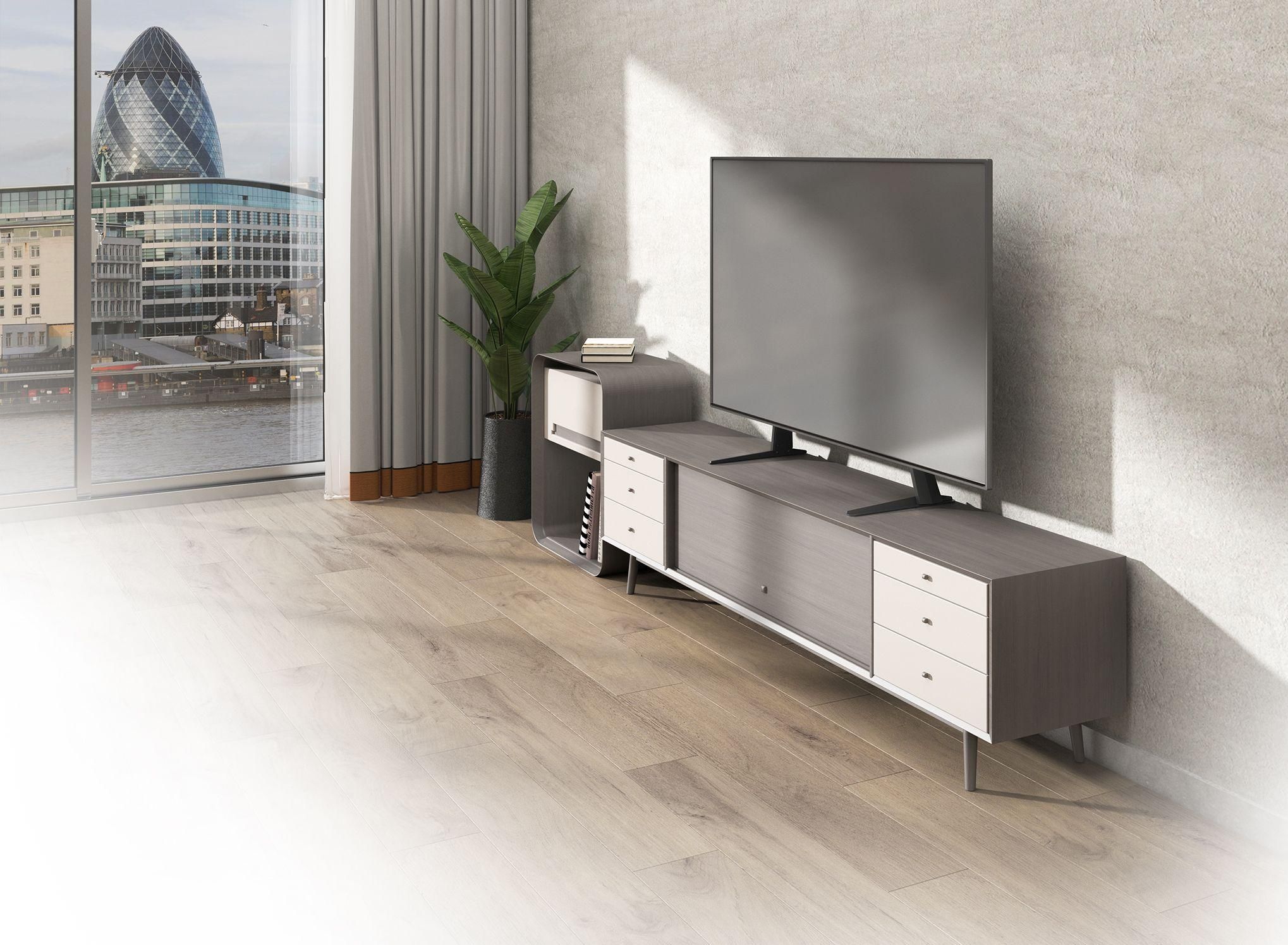 Wohnzimmer mit Fernseher auf einem Holzschrank, Fenster mit Stadtblick und Pflanze.