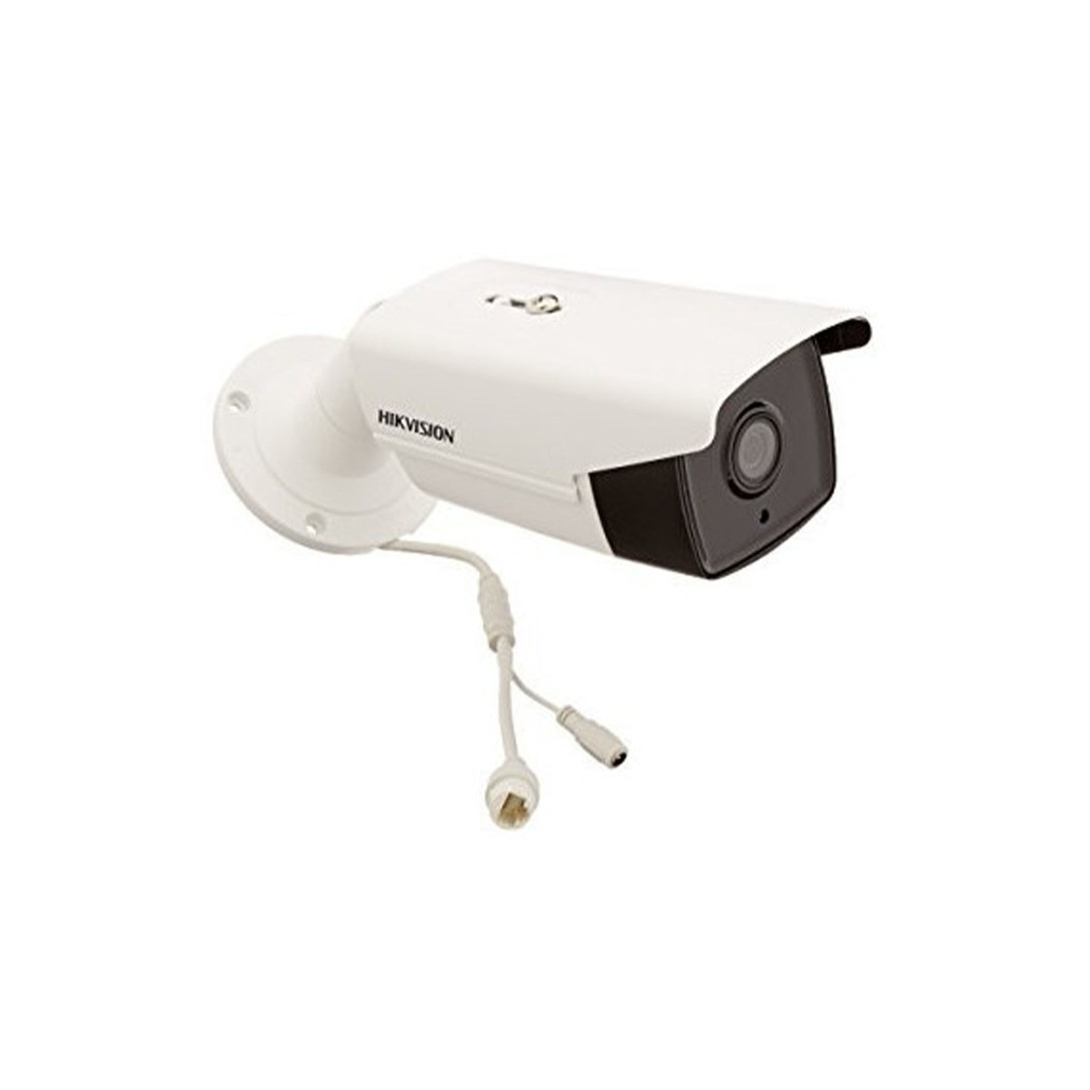 White Hikvision security camera mounted on a wall, with visible wiring.