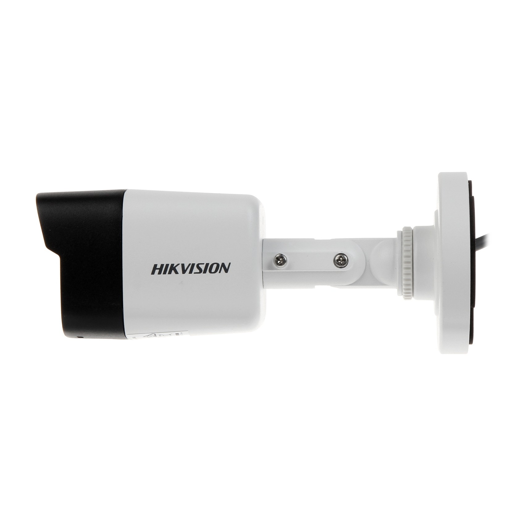 Cámara de seguridad Hikvision, blanca y negra, con el nombre de la marca visible.