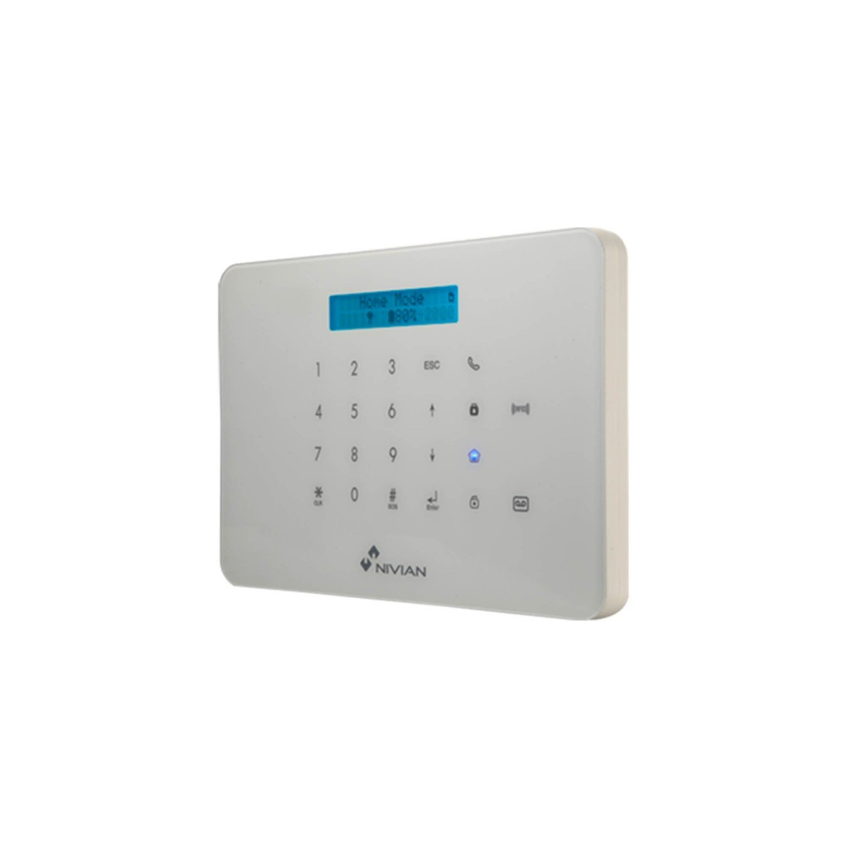 Panel de control de sistema de seguridad blanco con números y pantalla.