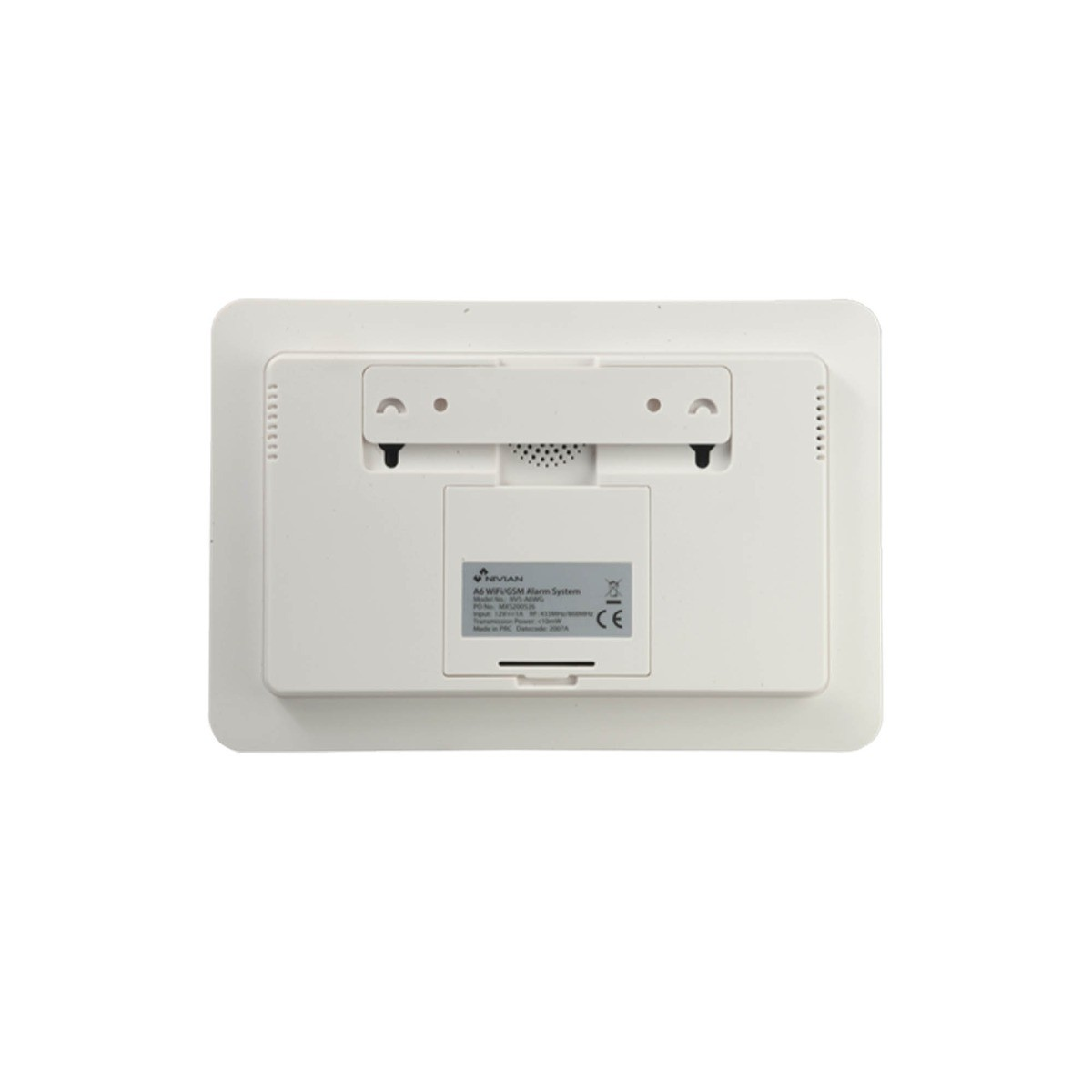 Panel de sistema de seguridad blanco con número de modelo, logotipo y marcado CE. Está sobre un fondo blanco.