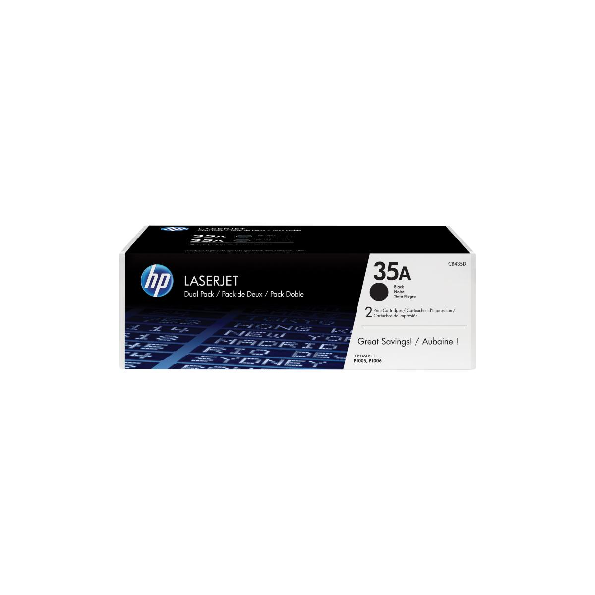 Eine schwarz-weiße HP LaserJet 35A Tonerkartuschenbox. Die Box hat schwarzen Text und einen weißen Hintergrund.