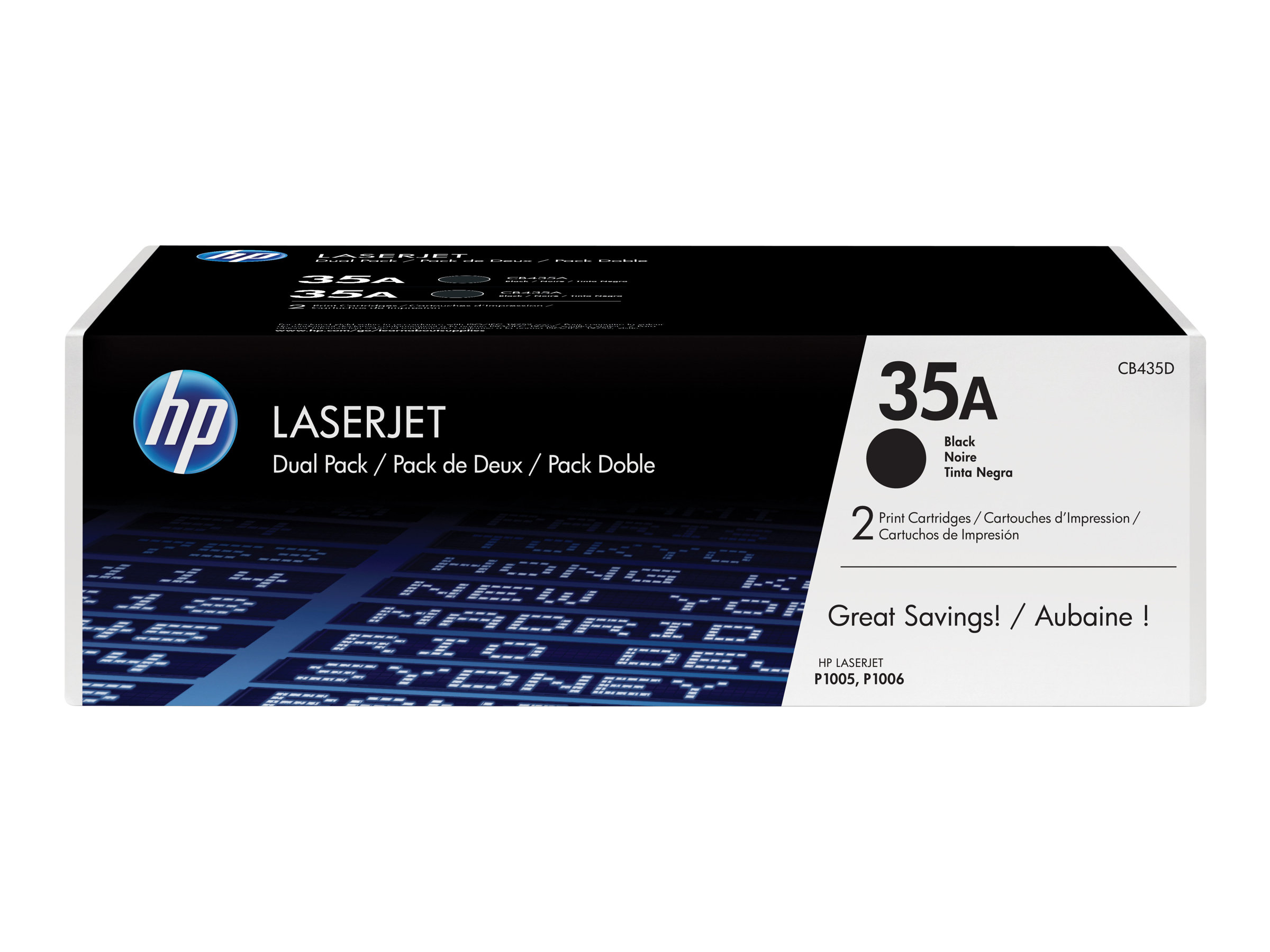 HP LaserJet 35A schwarze Dualpack-Tintenpatronen in einer Box mit 'Great Savings!' auf der Vorderseite.