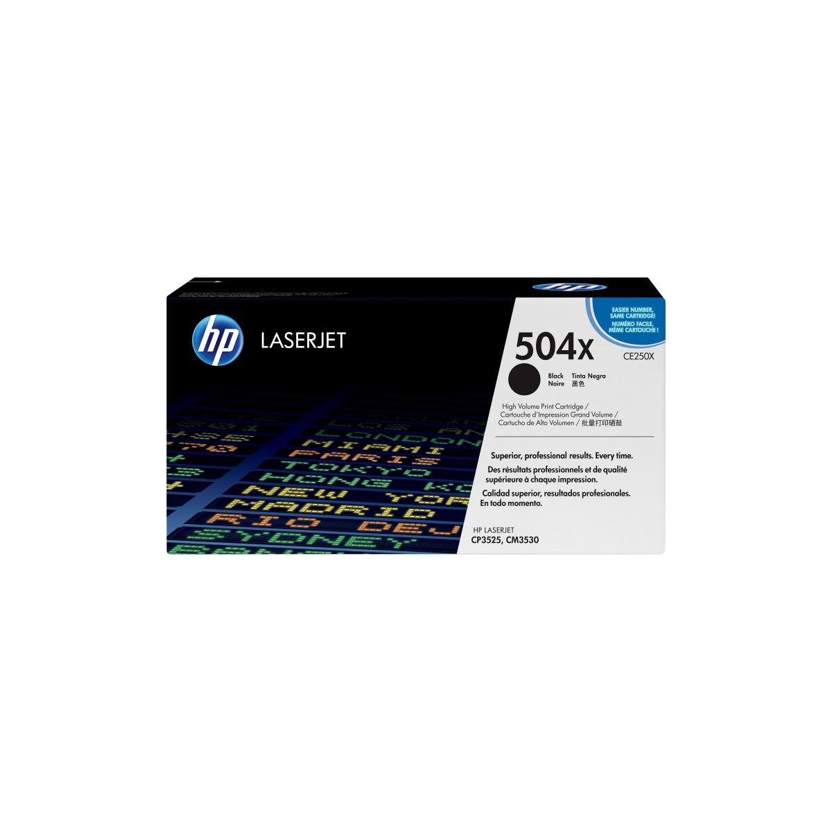 Boîte de cartouche de toner noire HP 504X. Le texte inclut 'LaserJet' et 'Noir'.