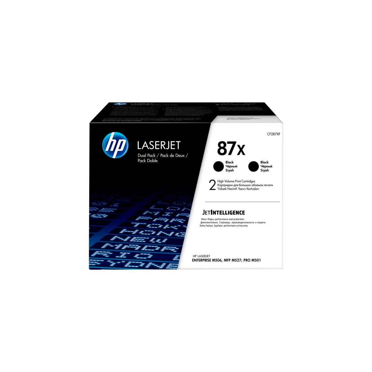 Pudełko z tonerem HP LaserJet 87x, czarne z białym tekstem, na białym tle.