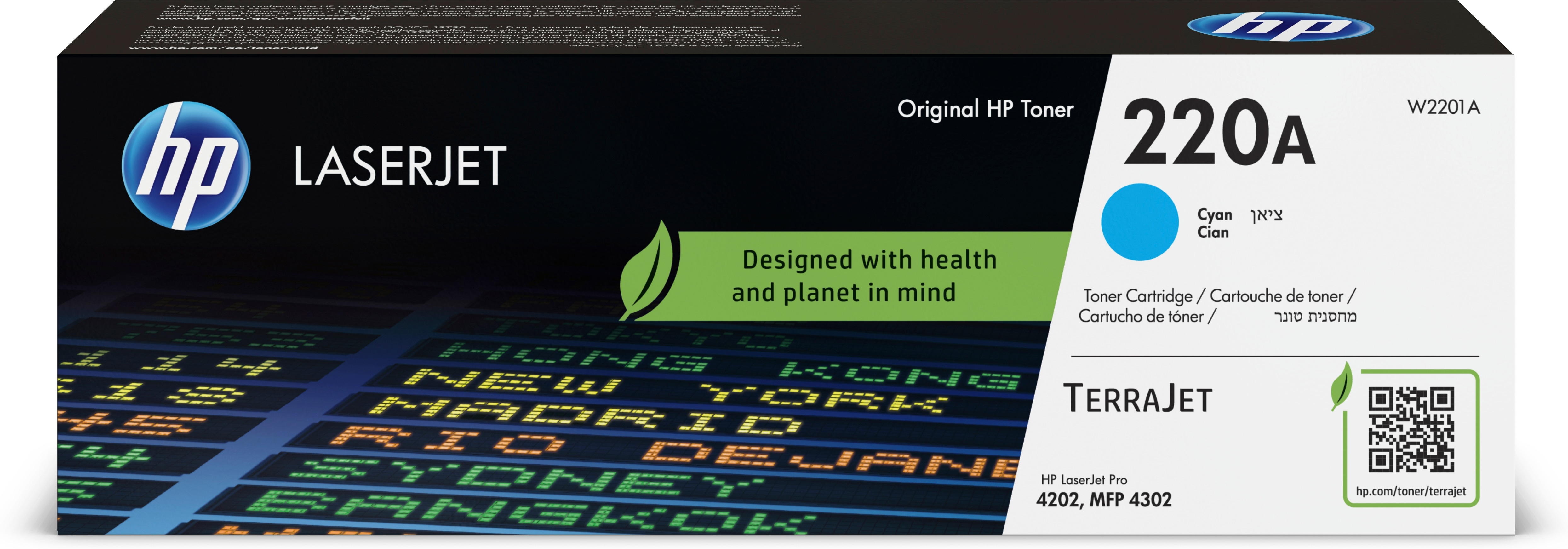 Wkład z tonerem HP LaserJet. Niebieskie pudełko z tonerem z logo HP. Tekst i kod QR.