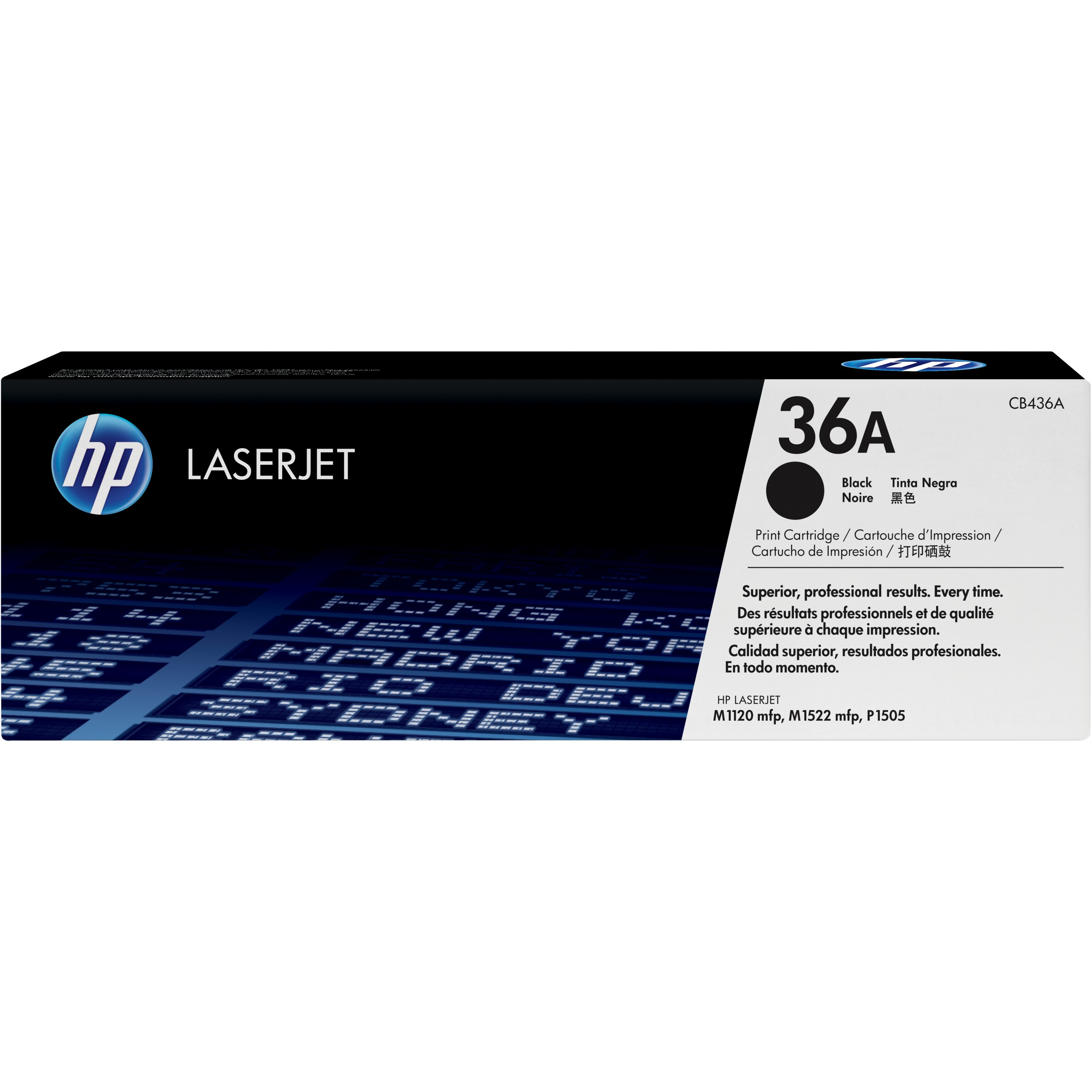 Schwarze HP 36A Tonerkartuschenbox. Die Box hat das HP-Logo und Produktinformationen.