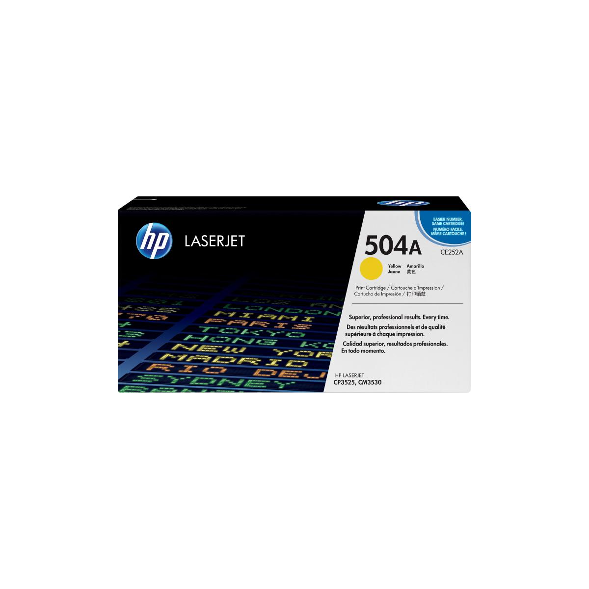 HP LaserJet 504A gelbe Tonerkartusche. Text: Gelb, Druckpatrone, überlegene Ergebnisse. Hintergrund: Städte.