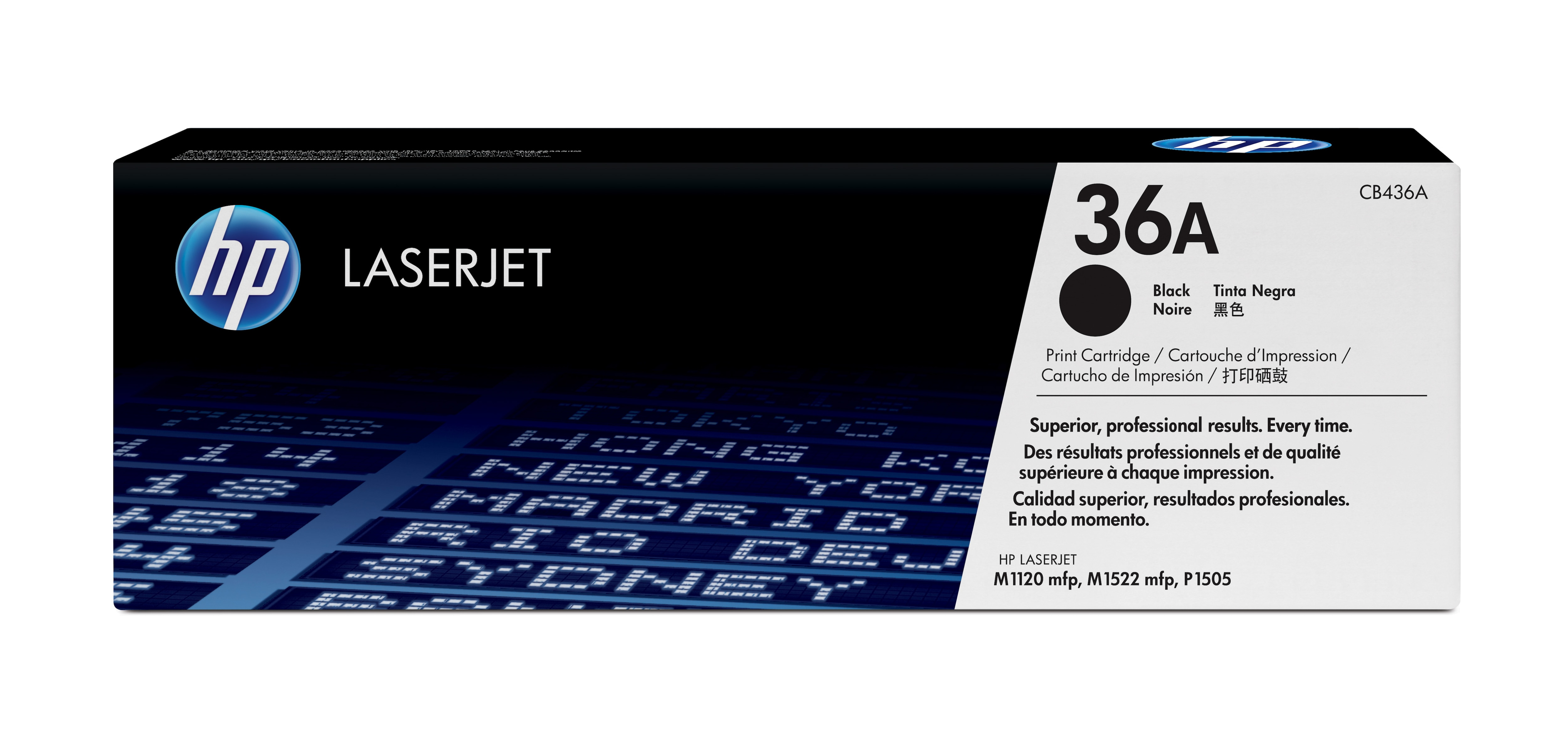 HP LaserJet 36A schwarze Tonerkartuschenbox mit schwarzem Text und einer schwarzen Toner Grafik.