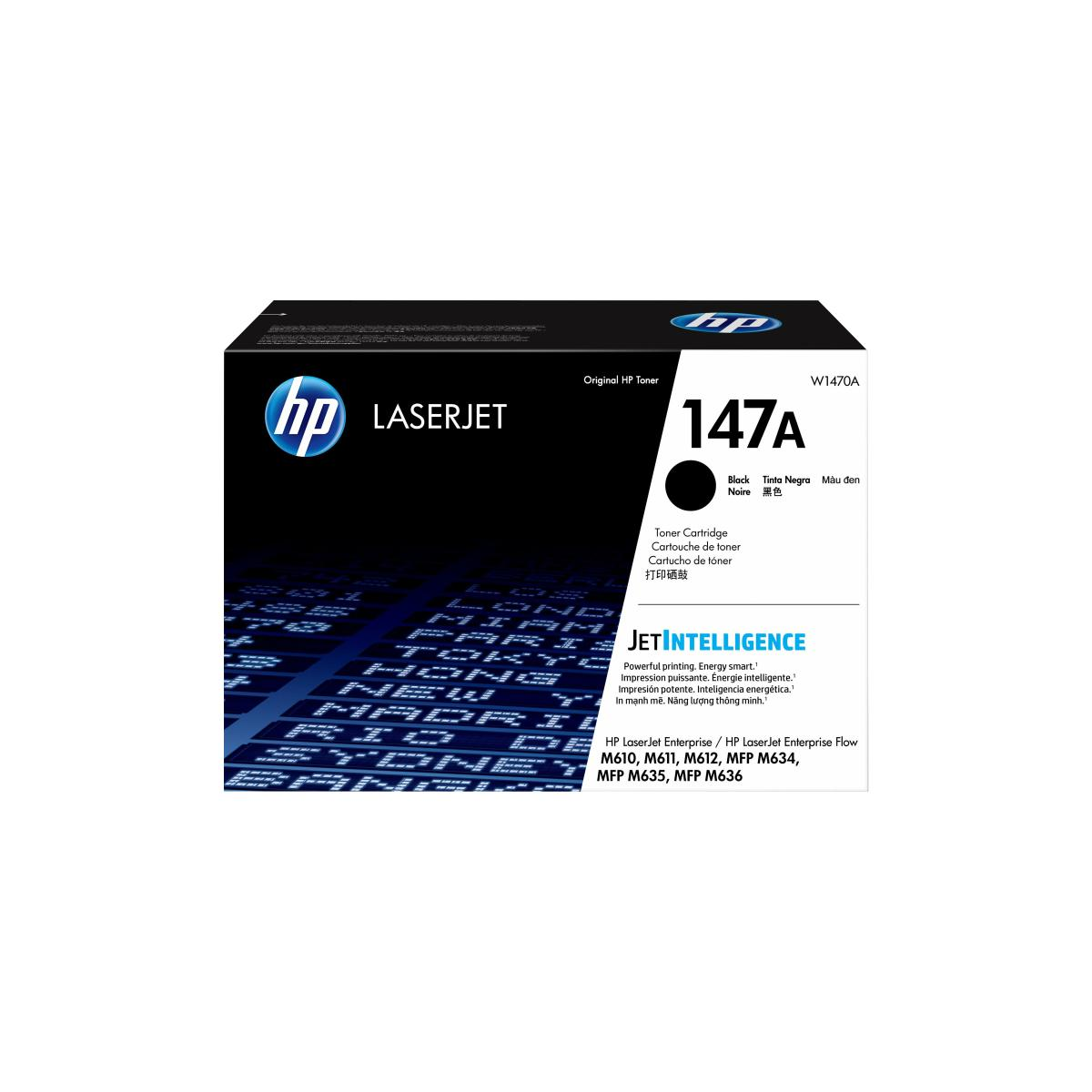 Cartuccia toner nera HP 147A. La scatola è bianca e nera. Il testo è leggibile.