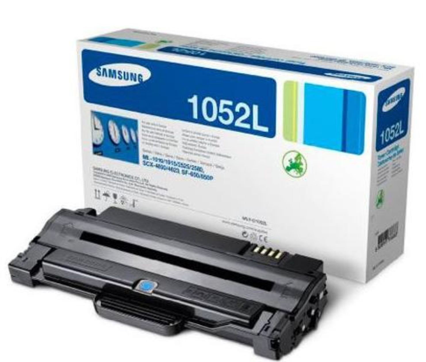 Boîte de toner Samsung 1052L et toner. La boîte est blanche et bleue. Le toner est noir.
