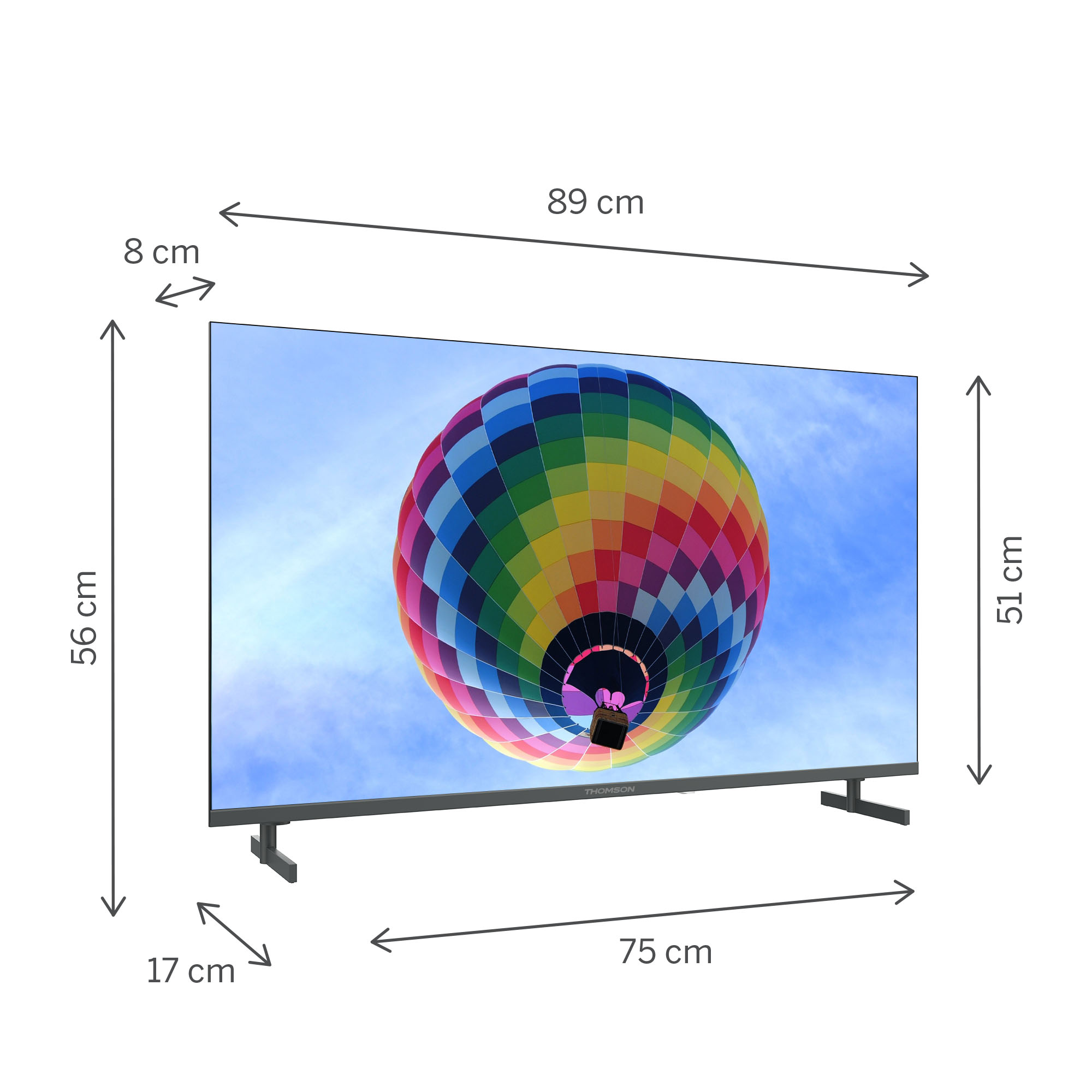 Un televisore con un'immagine di mongolfiera colorata su un supporto con dimensioni.