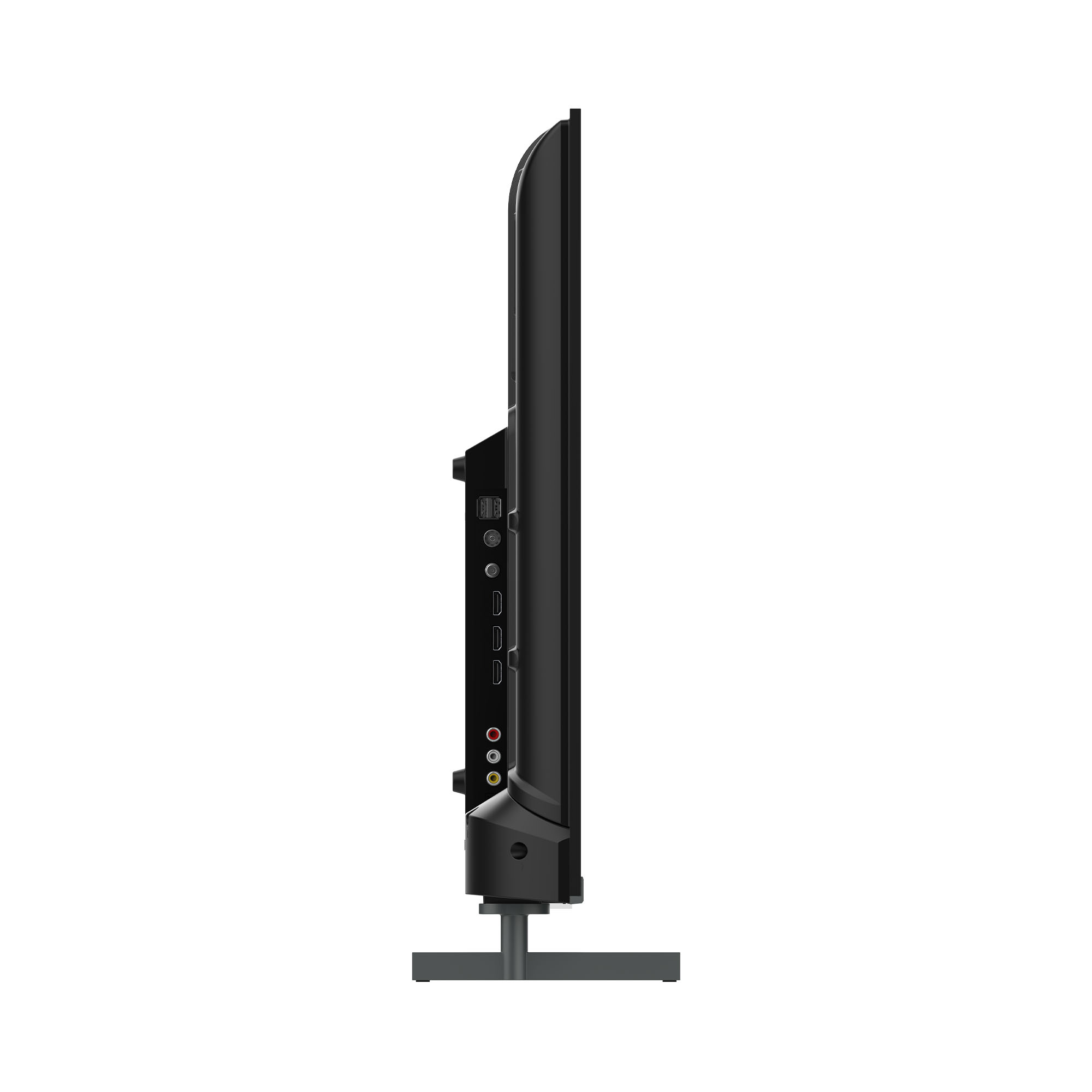 Vista laterale di una TV nera con porte e supporto. Lo schermo è scuro.