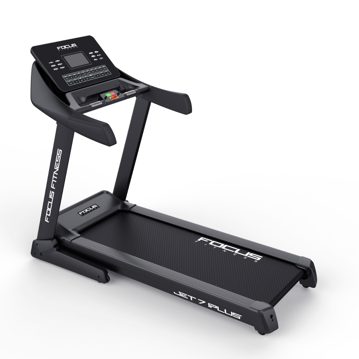 Black treadmill with the words "FOCUS FITNESS" and "JET 7 PLUS" on it. It is on a white surface.