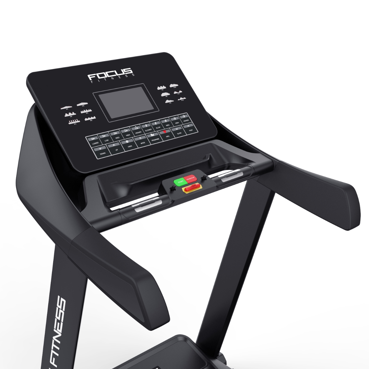 Black treadmill with a digital display and control panel. Focus Fitness is visible.