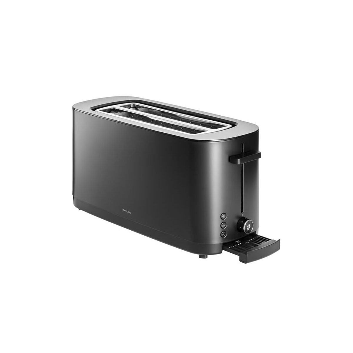 Czarny toster z tacką na okruchy i pokrętłami sterowania. Jest na białym tle.