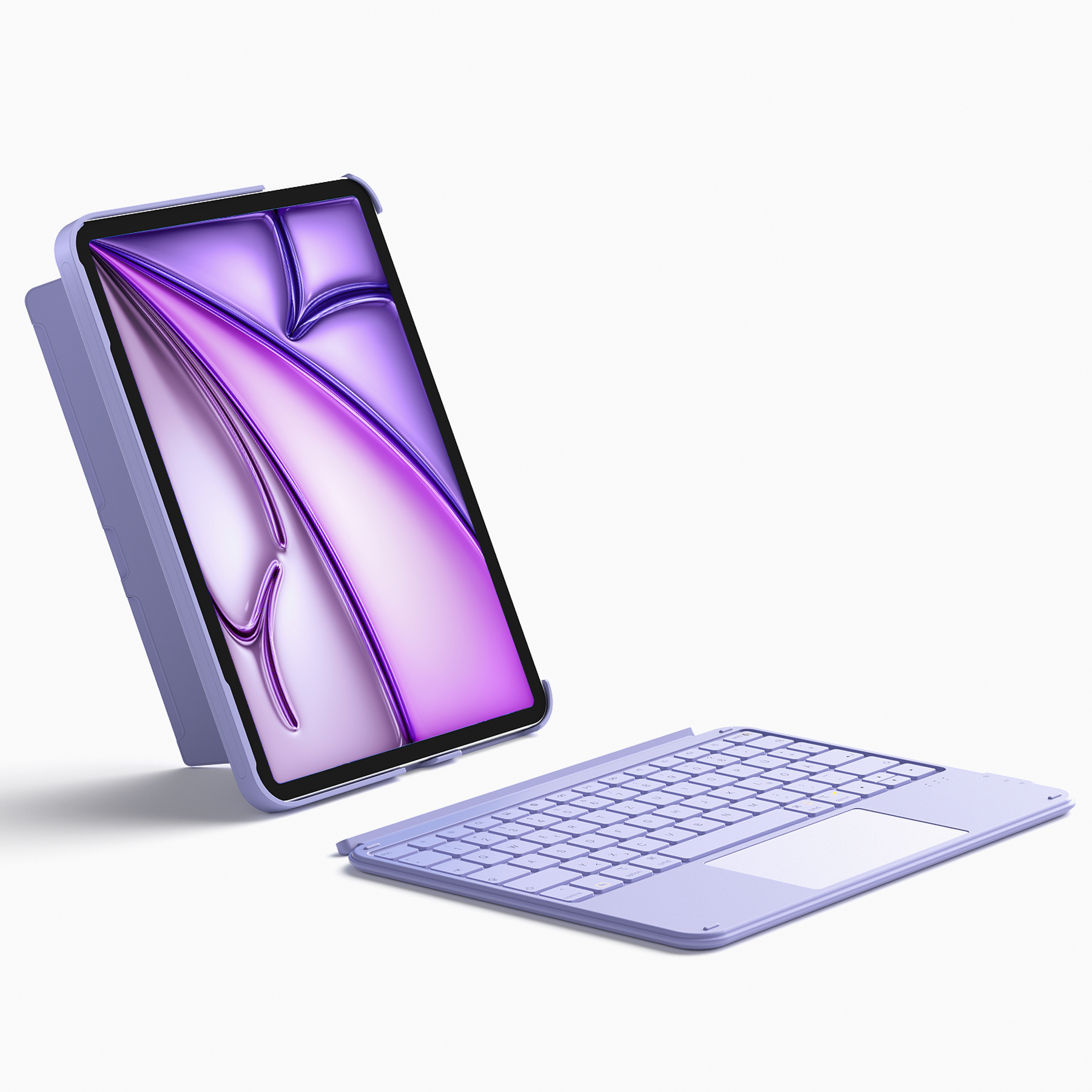 Ein lila Tablet mit Tastatur. Das Tablet befindet sich in einer lila Hülle. Die Tastatur ist lila.