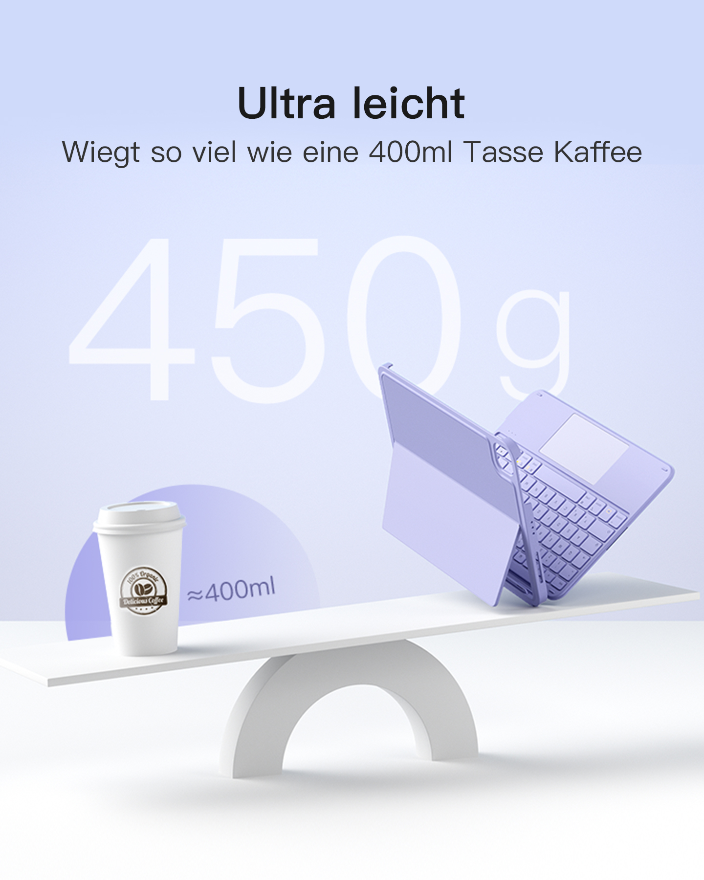 Ein Laptop und eine Kaffeetasse stehen auf einer weißen Oberfläche. Der Laptop ist lavendelfarben, die Tasse weiß.