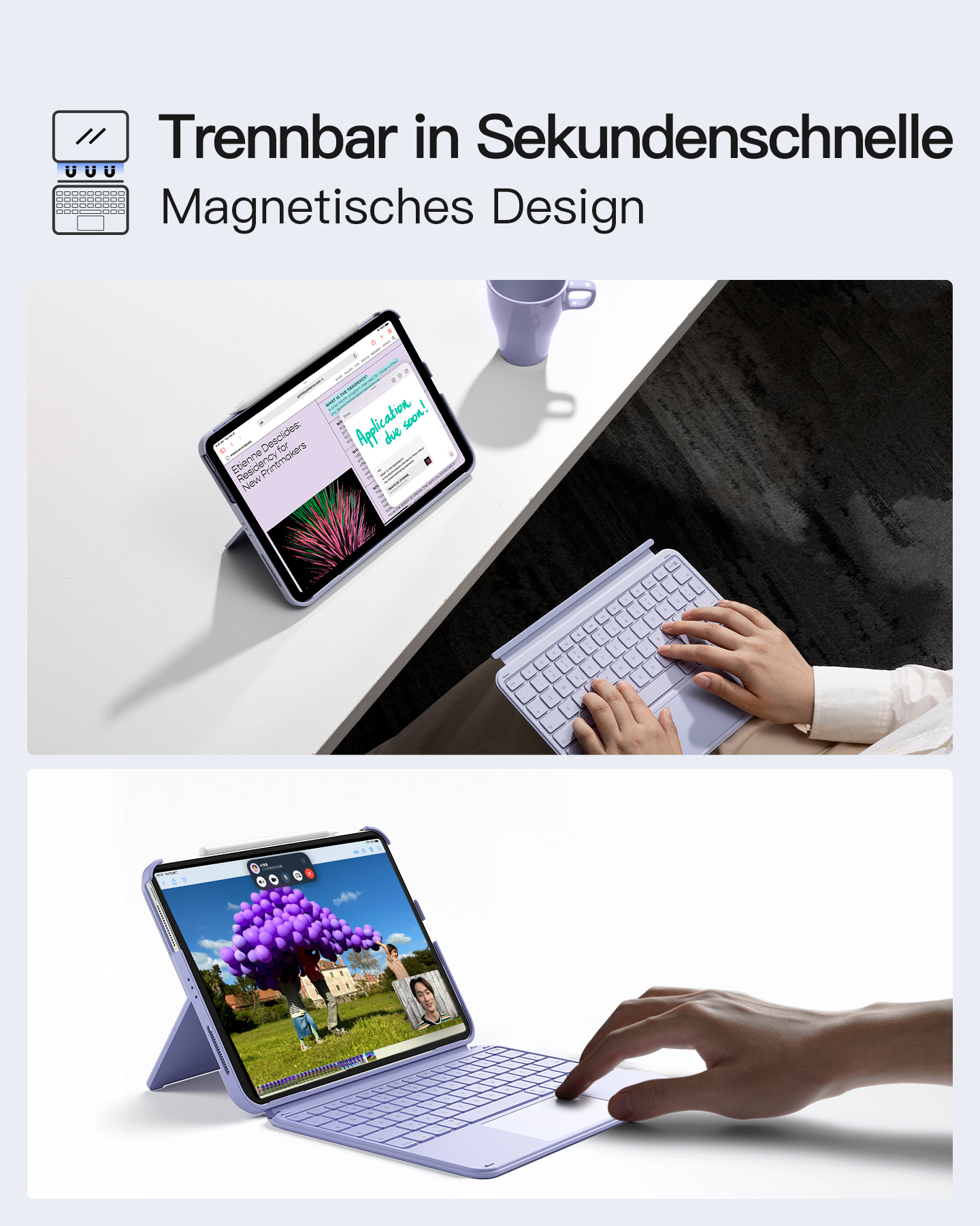 Zwei Bilder eines Tablets mit Tastatur. Eines mit offenem Tablet, ein anderes mit Tablet und Tastatur.
