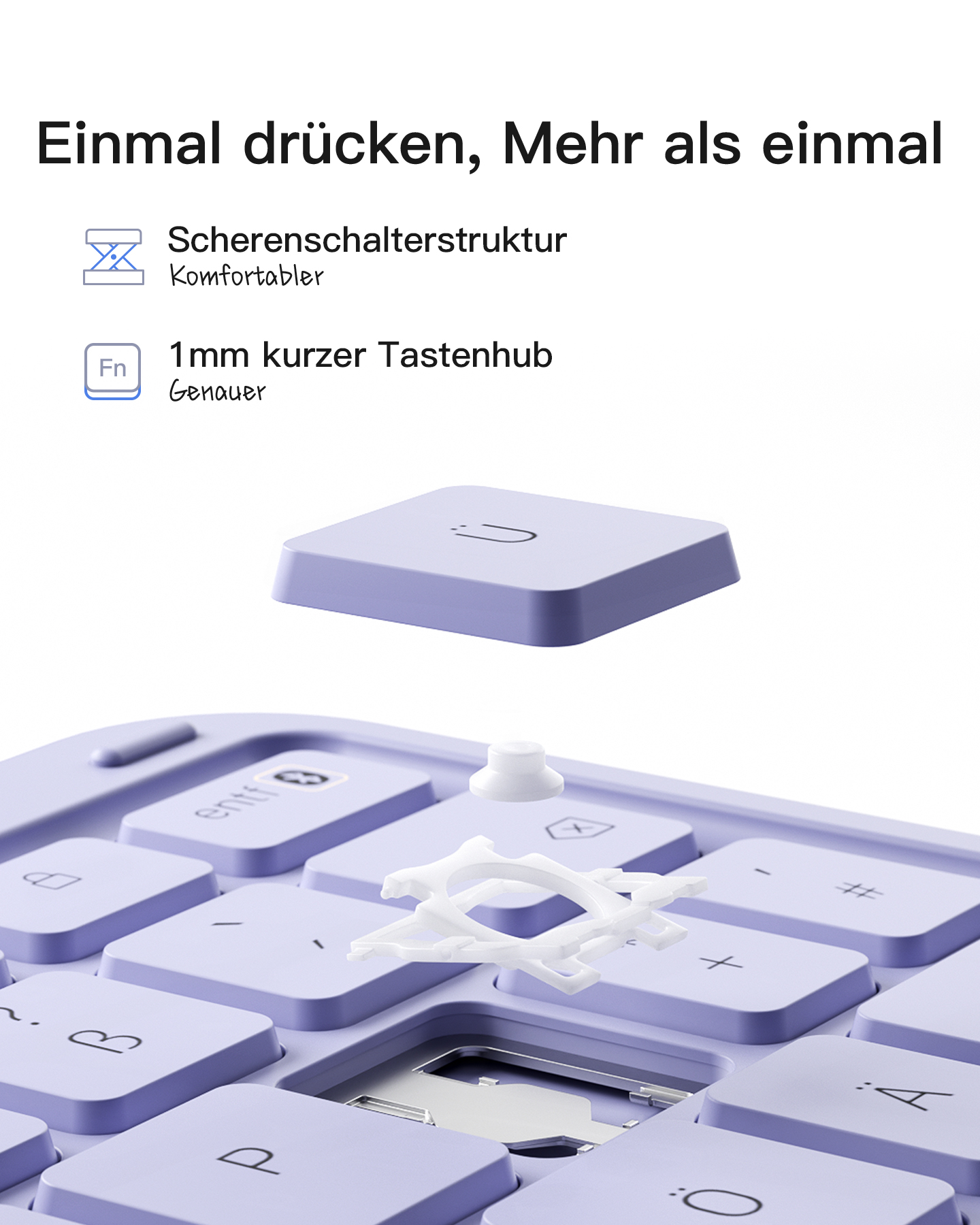 Eine Tastaturtaste wird mit ihren inneren Komponenten gezeigt. Die Tastatur ist helllila.