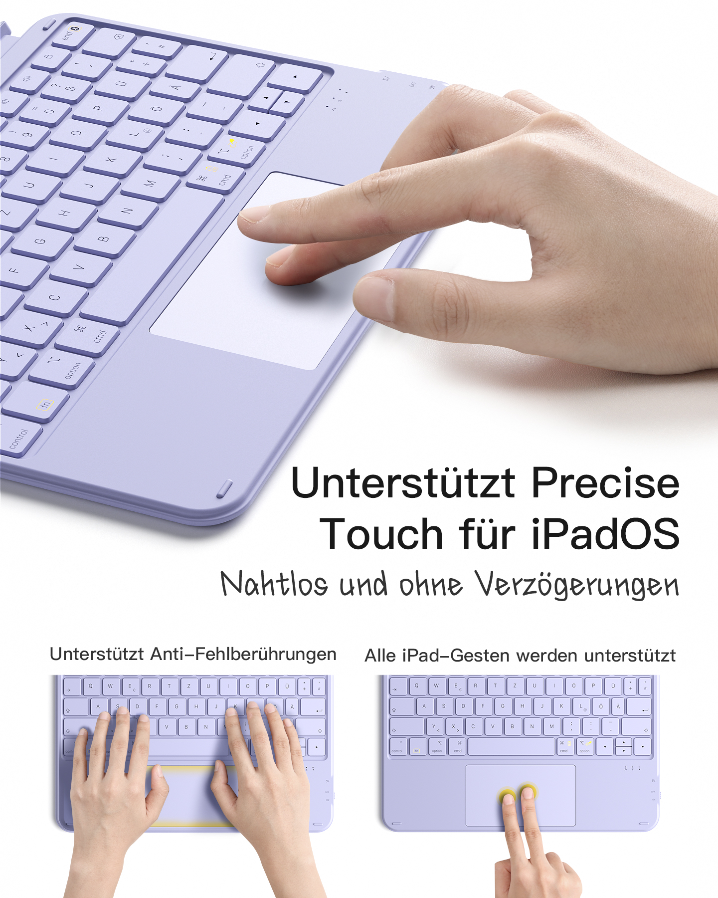 Hände benutzen eine lila Tastatur mit Touchpad. Text auf Deutsch: Unterstützt Precise Touch.