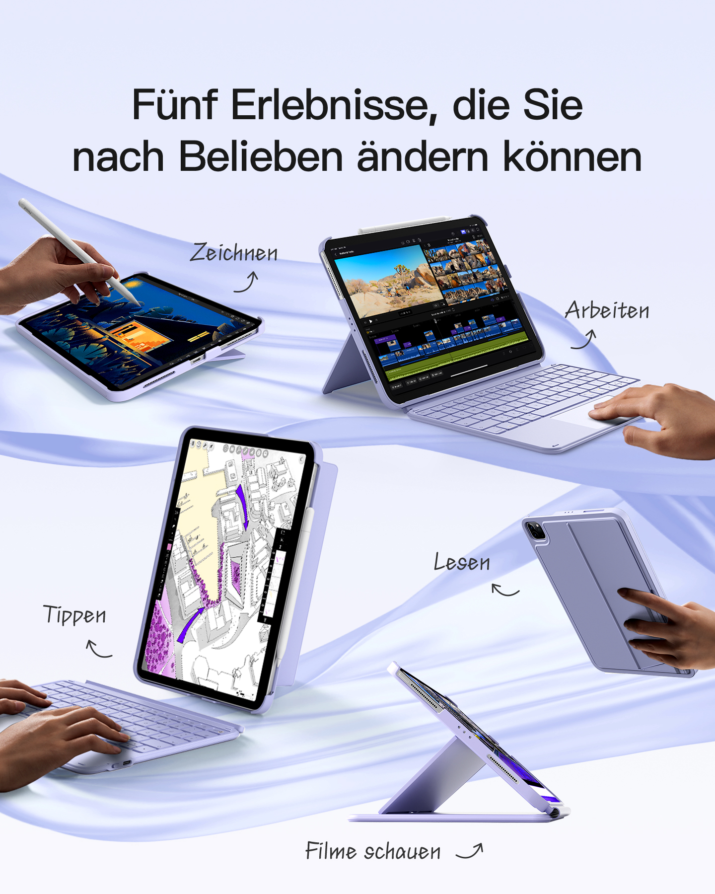 Mehrere Bilder eines Tablets in verschiedenen Nutzungsszenarien: Zeichnen, Arbeiten, Lesen.