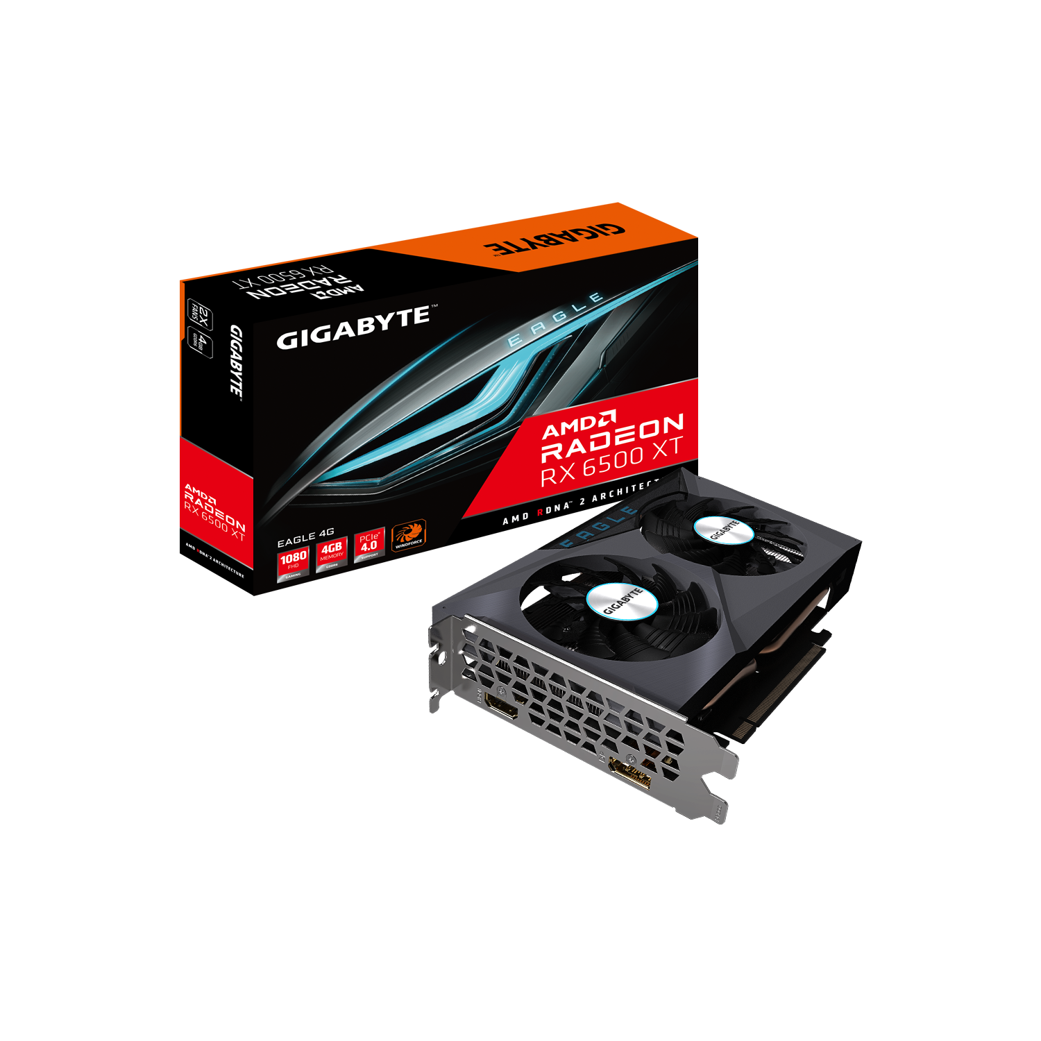 Una tarjeta gráfica GIGABYTE con caja, mostrando ventiladores y un puerto de pantalla.