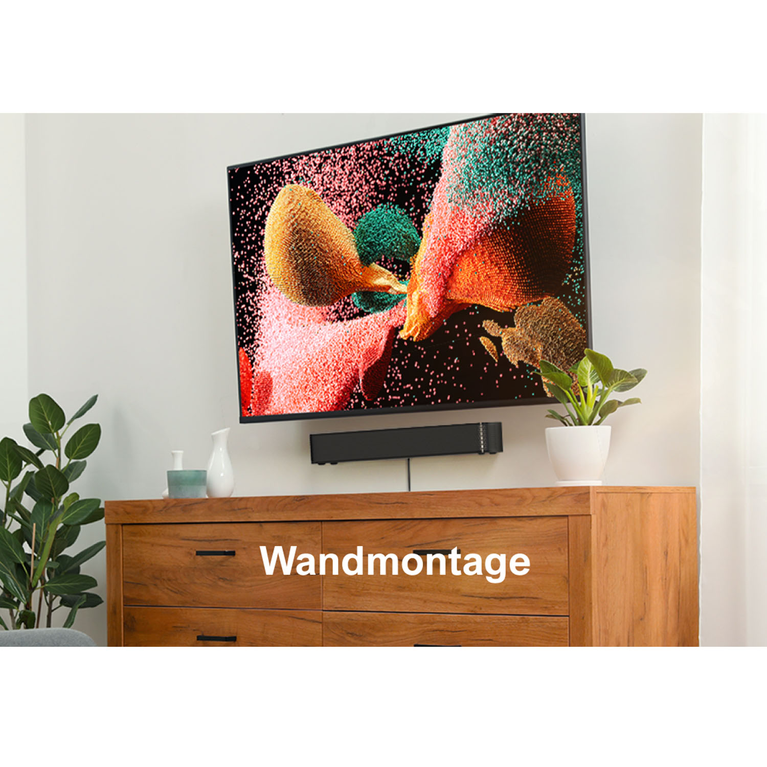 TV mounted on a wooden cabinet, with a soundbar below. The background is white.